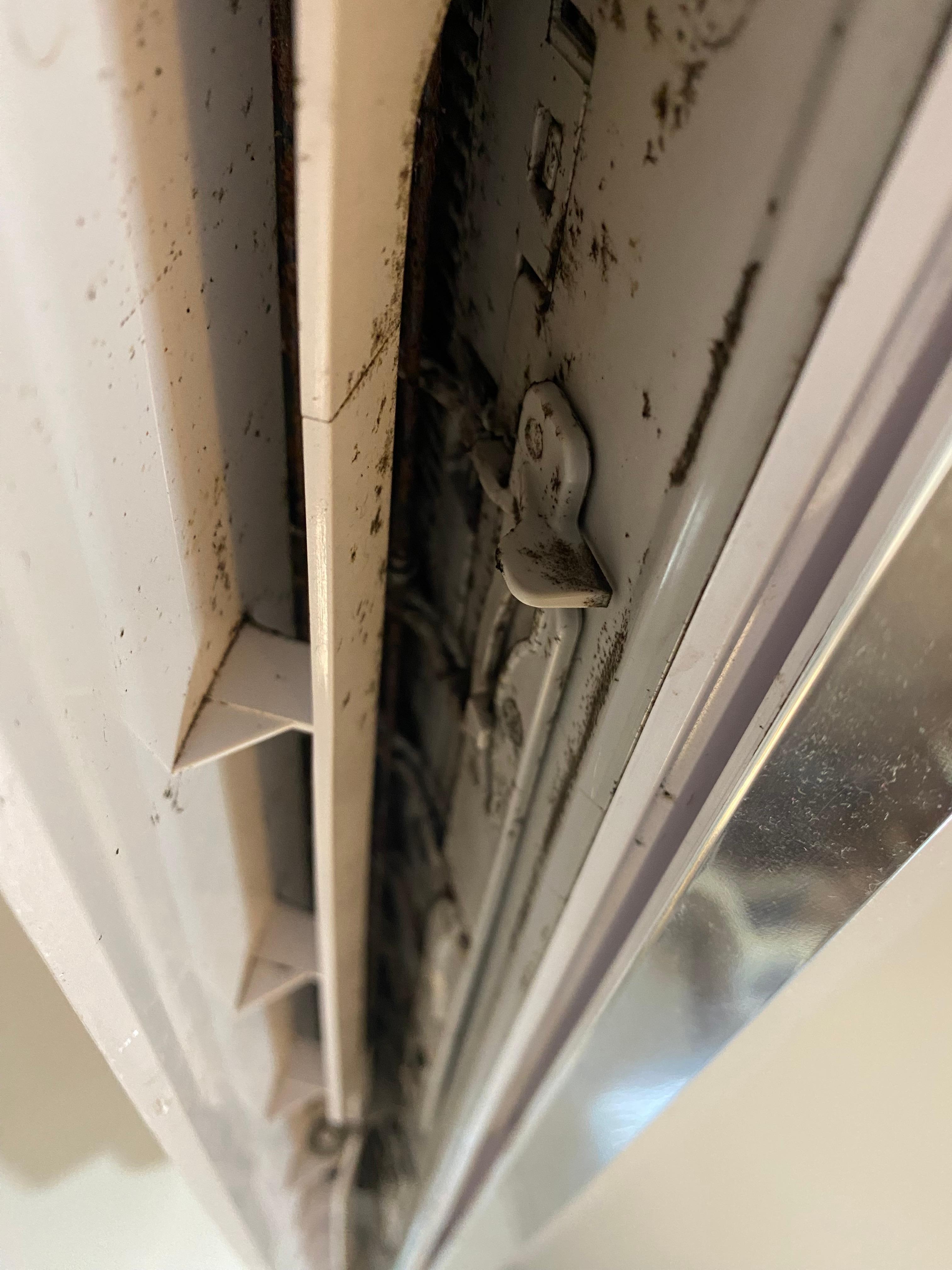 mildew/mold filled AC unit directly above the pillows on the bed