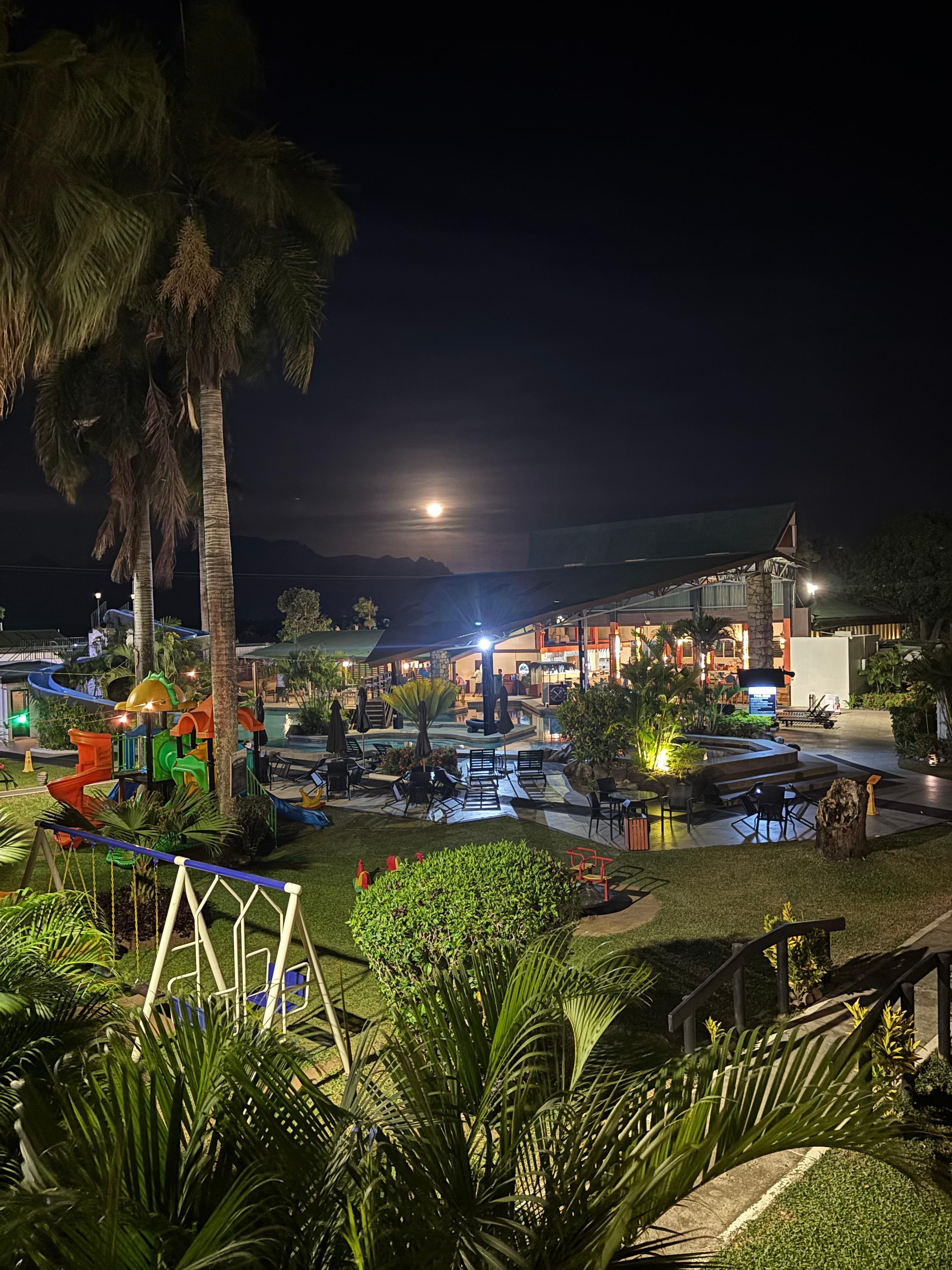 Night view of the pool area 