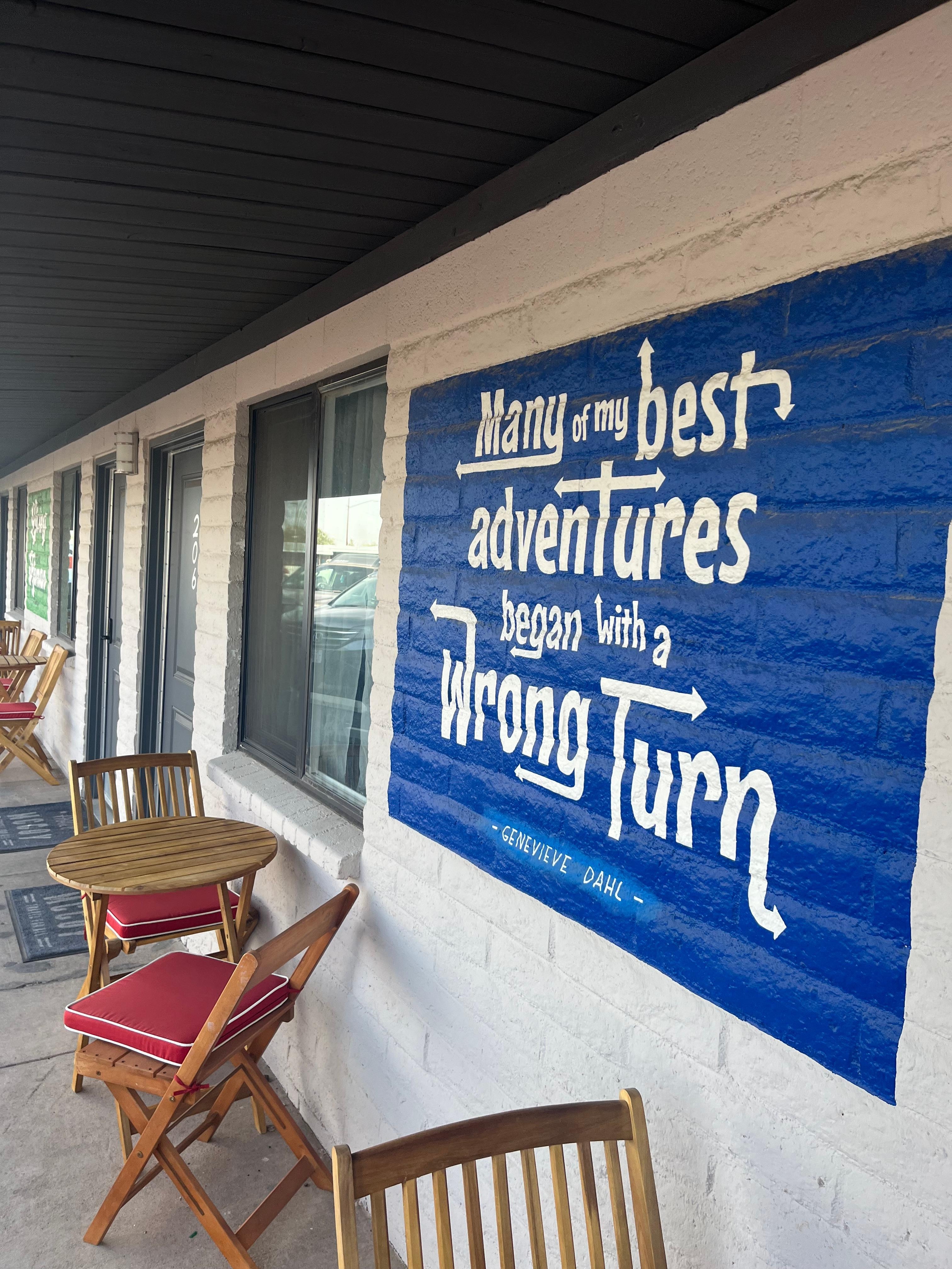 Whimsical quotes around the motel