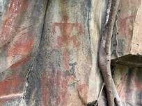 Ancient petroglyphs on a river cliff wall that the host discovered when reclaiming her land for the coffee farm.