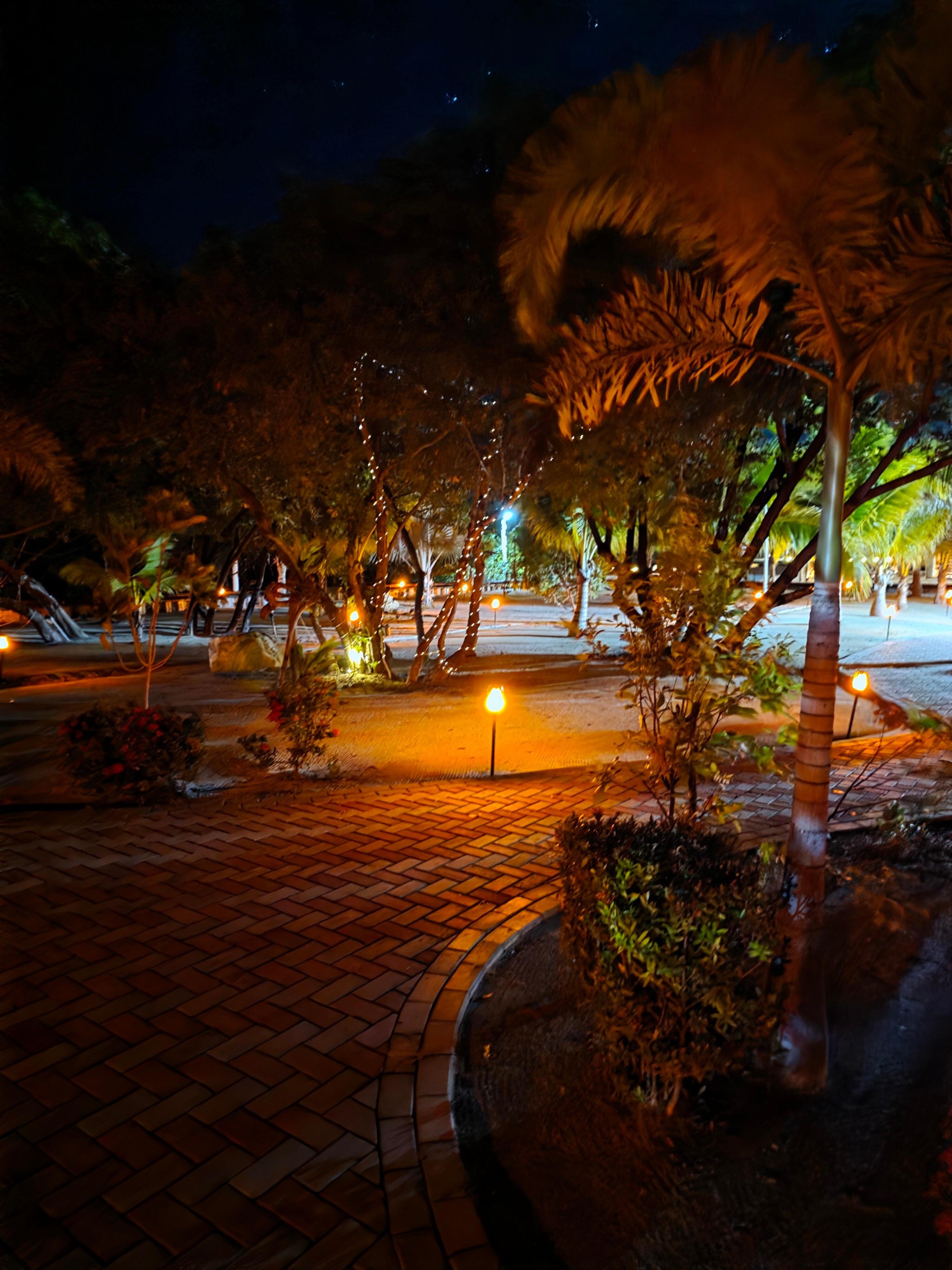 Well lit pathway through the resort.