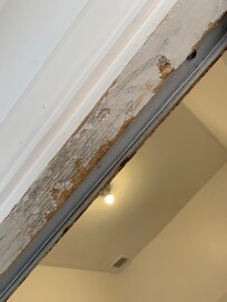 Mould, mildew and peeling paint on bathroom door