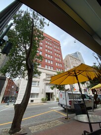 View of hotel from a nice coffee shop across the street