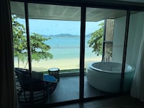 Our room with large bathtub on balcony