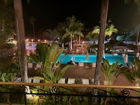 the pool area in the evening.