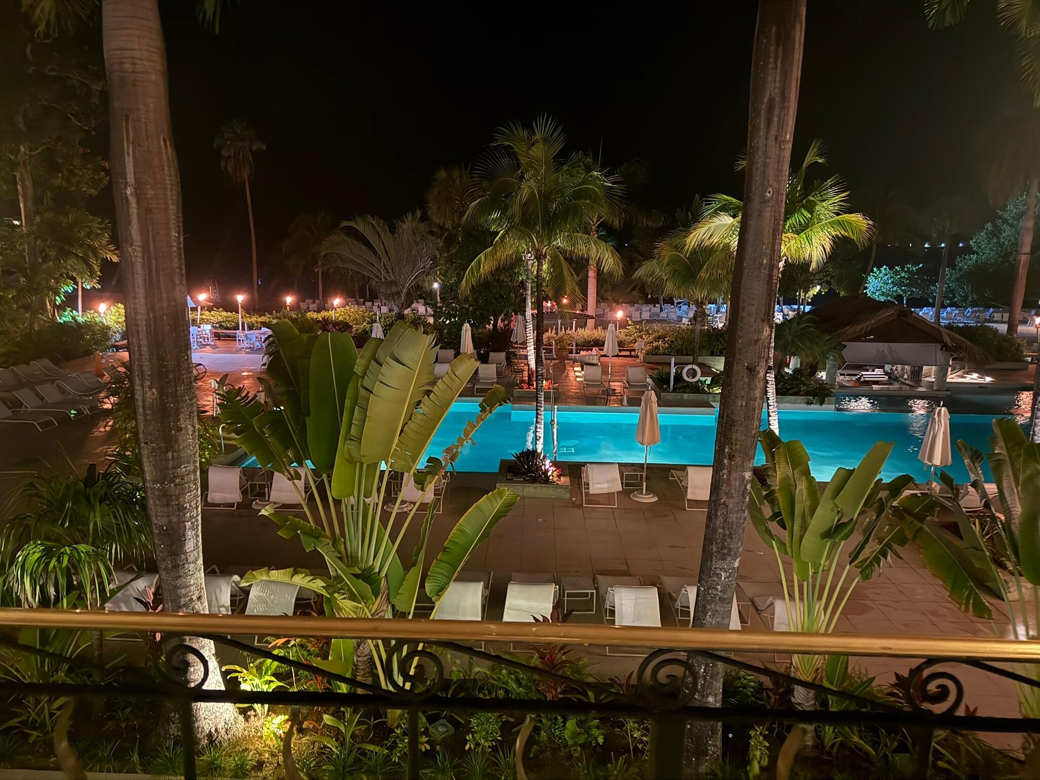 the pool area in the evening.