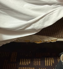 Torn, shredded box spring. Dirty and nasty. Looks like something was chewing on it.
