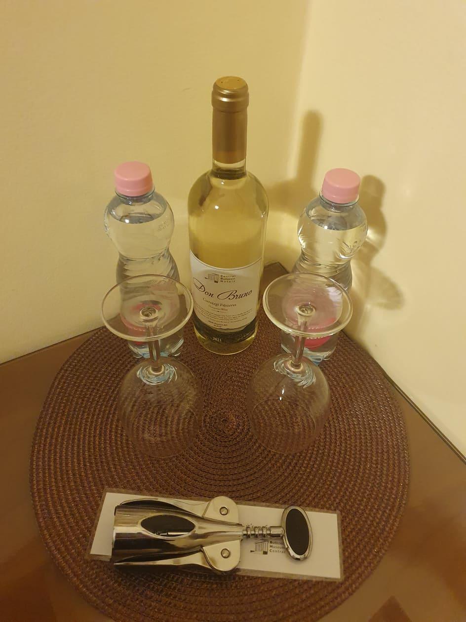 Complimentary wine and water