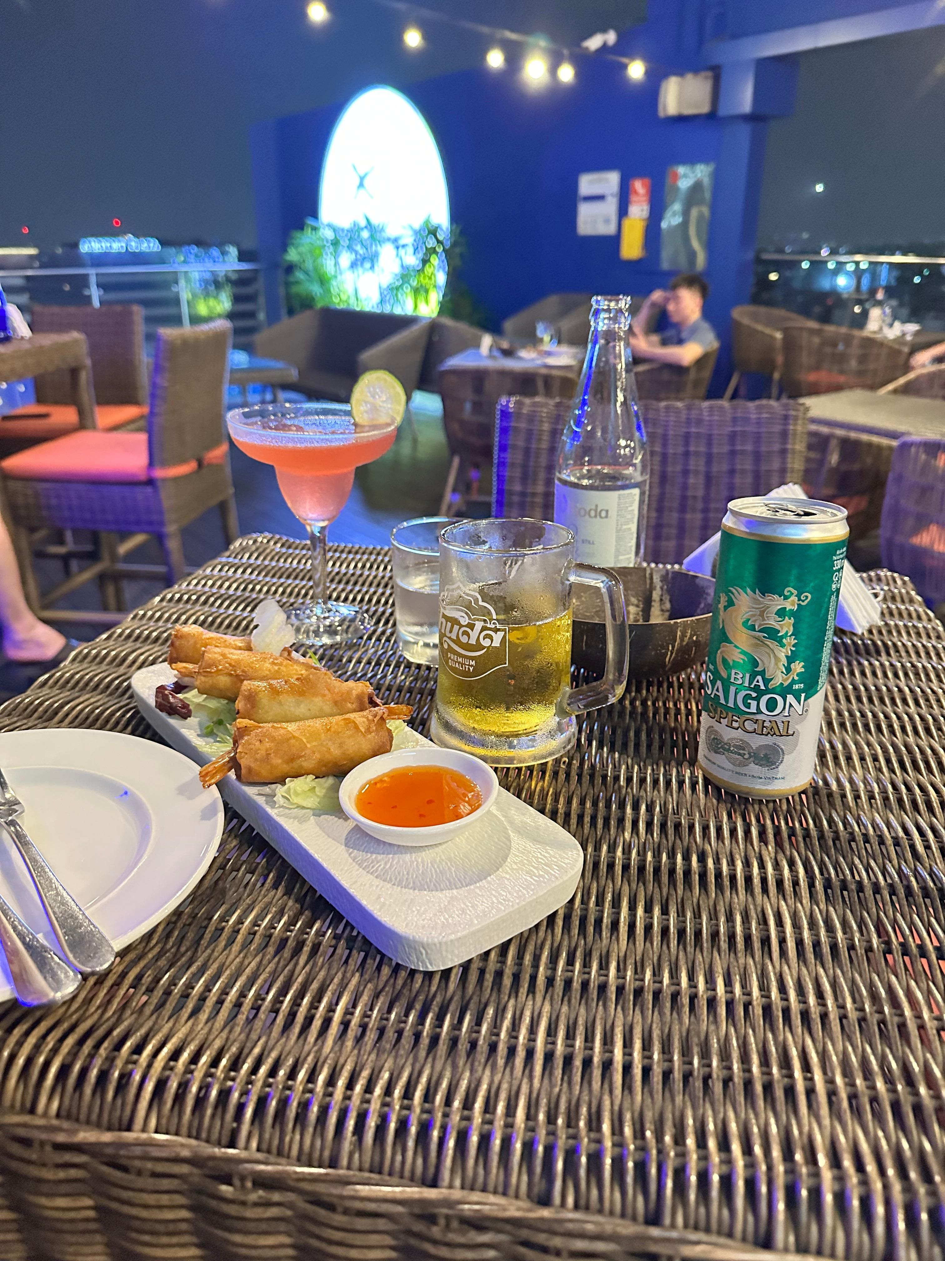 Food and drink at the rooftop bar.