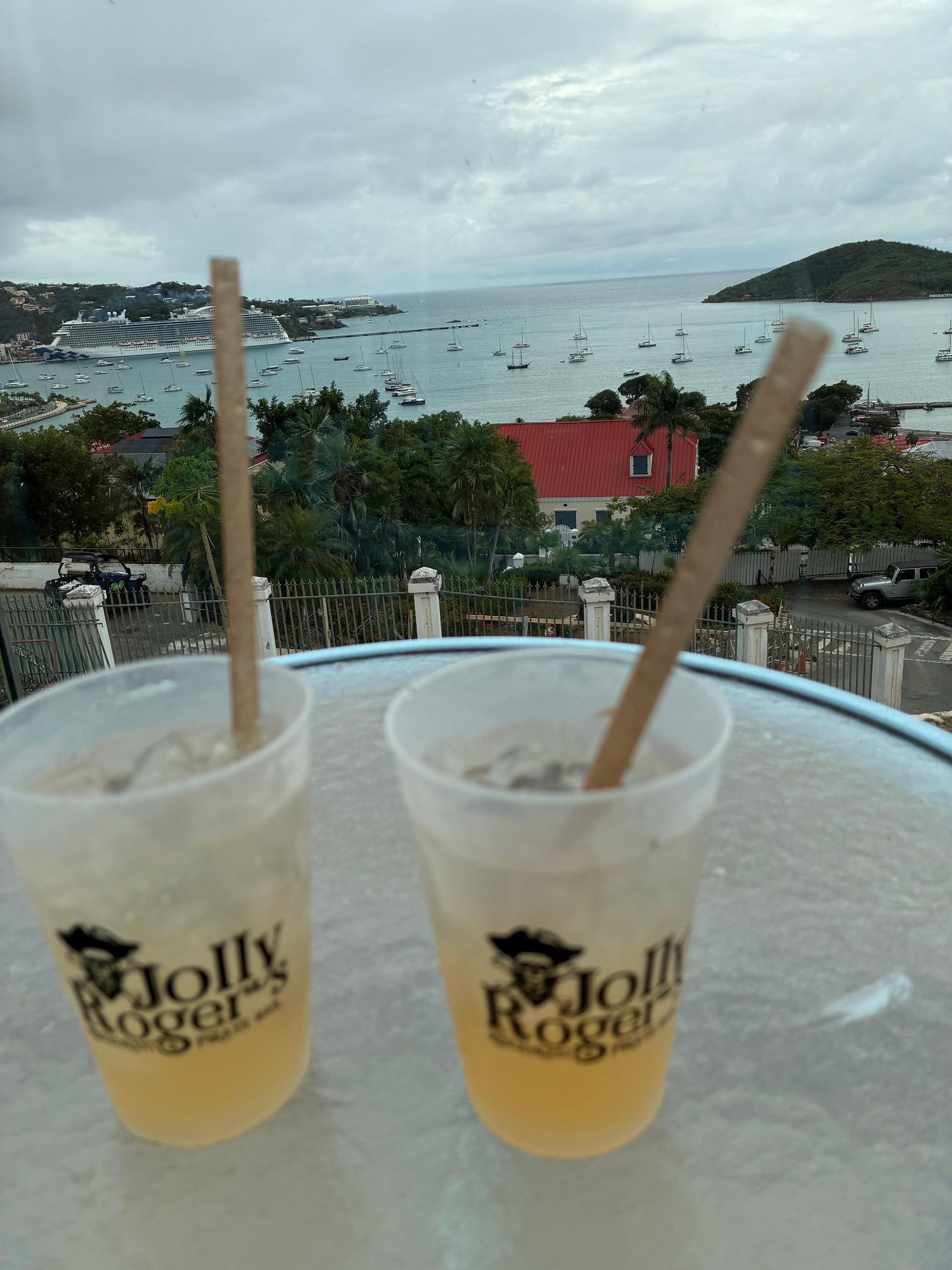 Great view of Charlotte Amalie Harbor & drinks at Jolly Roger’s. Tip, bring your swimsuit for the pool. 