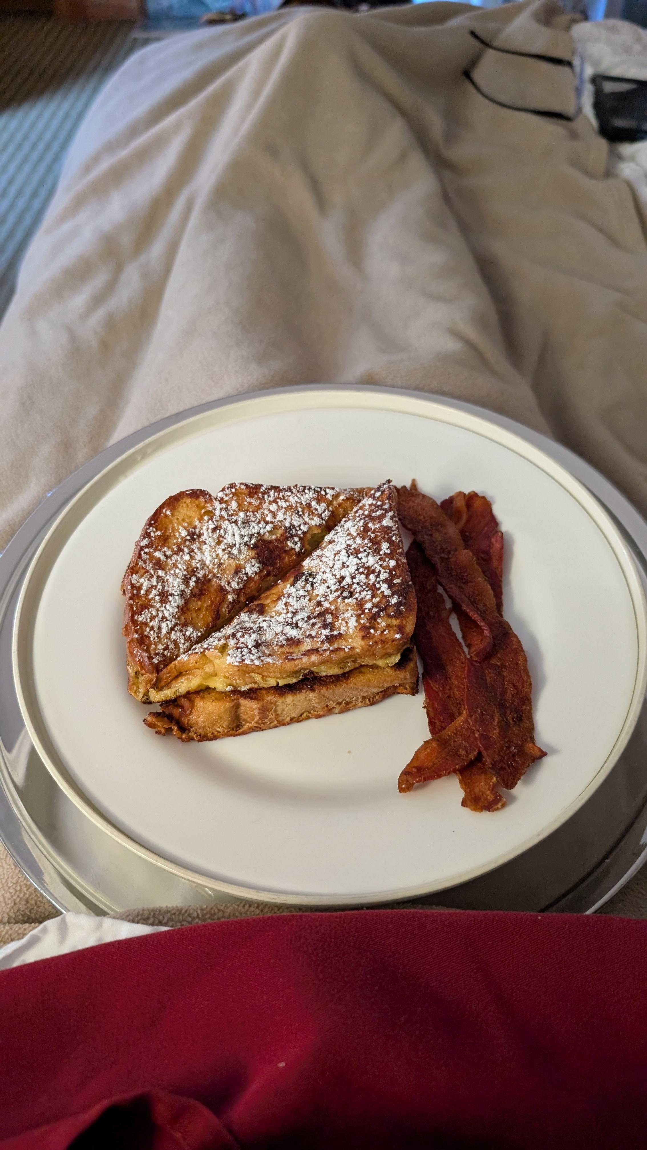Breakfast in bed, made possible by the lovely room service option!