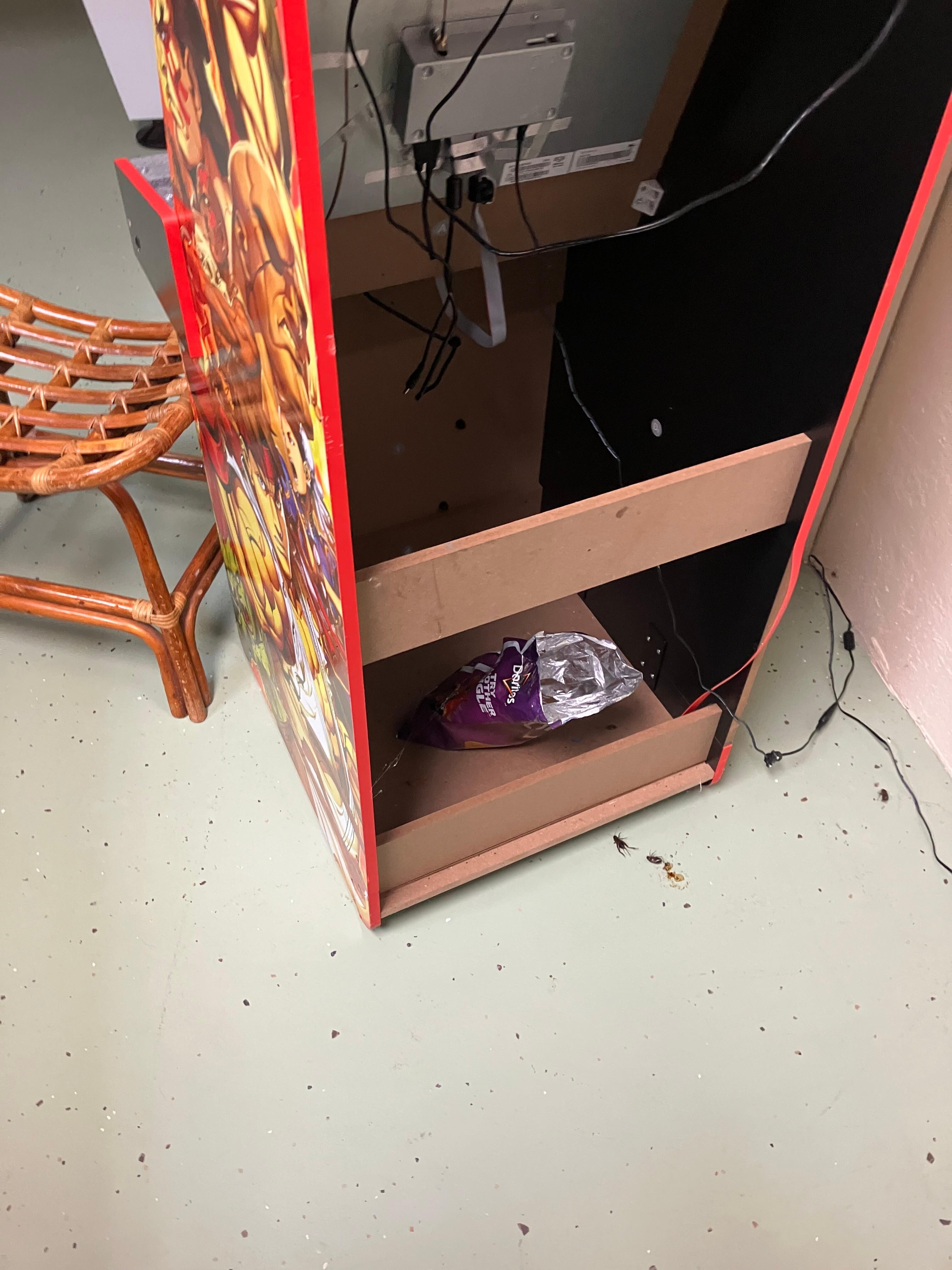 Chips stashed in the arcade machine. And bugs on the floor. They were all over. 