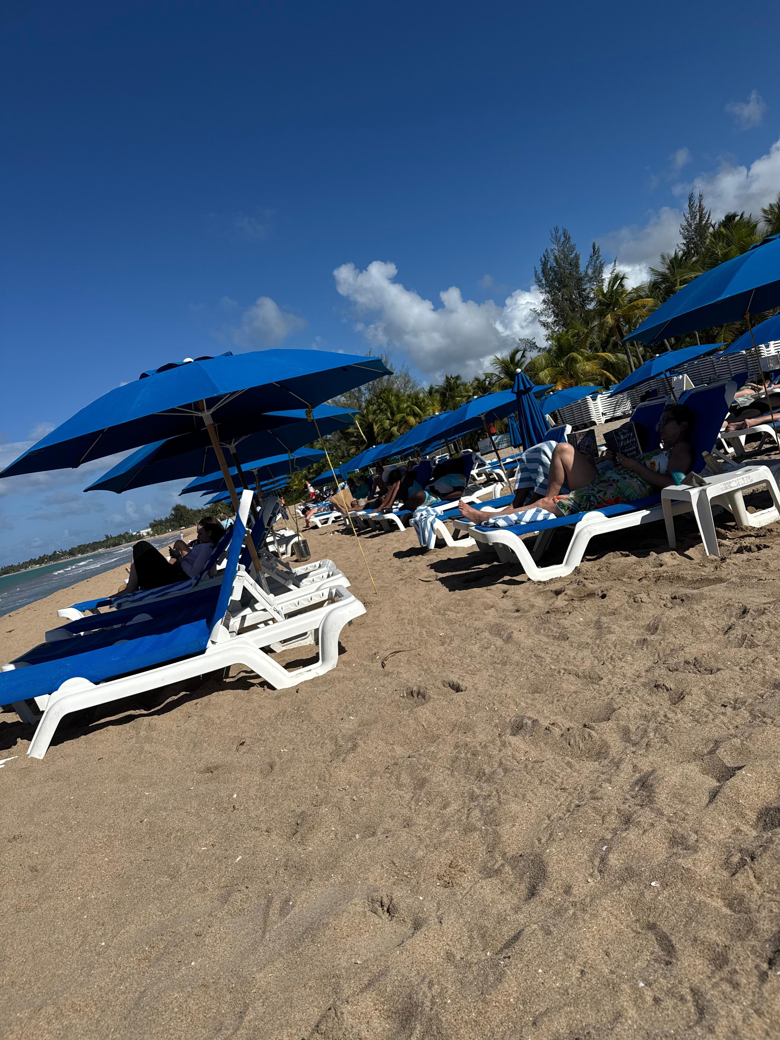 3 to 4 rows deep with no space in between, the rest of the beach empty. 