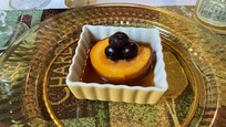Breakfast 2nd course. Half of a peach from a neighbor’s tree baked in a sweet syrup with some spectacular blueberries. Seasonal and local.