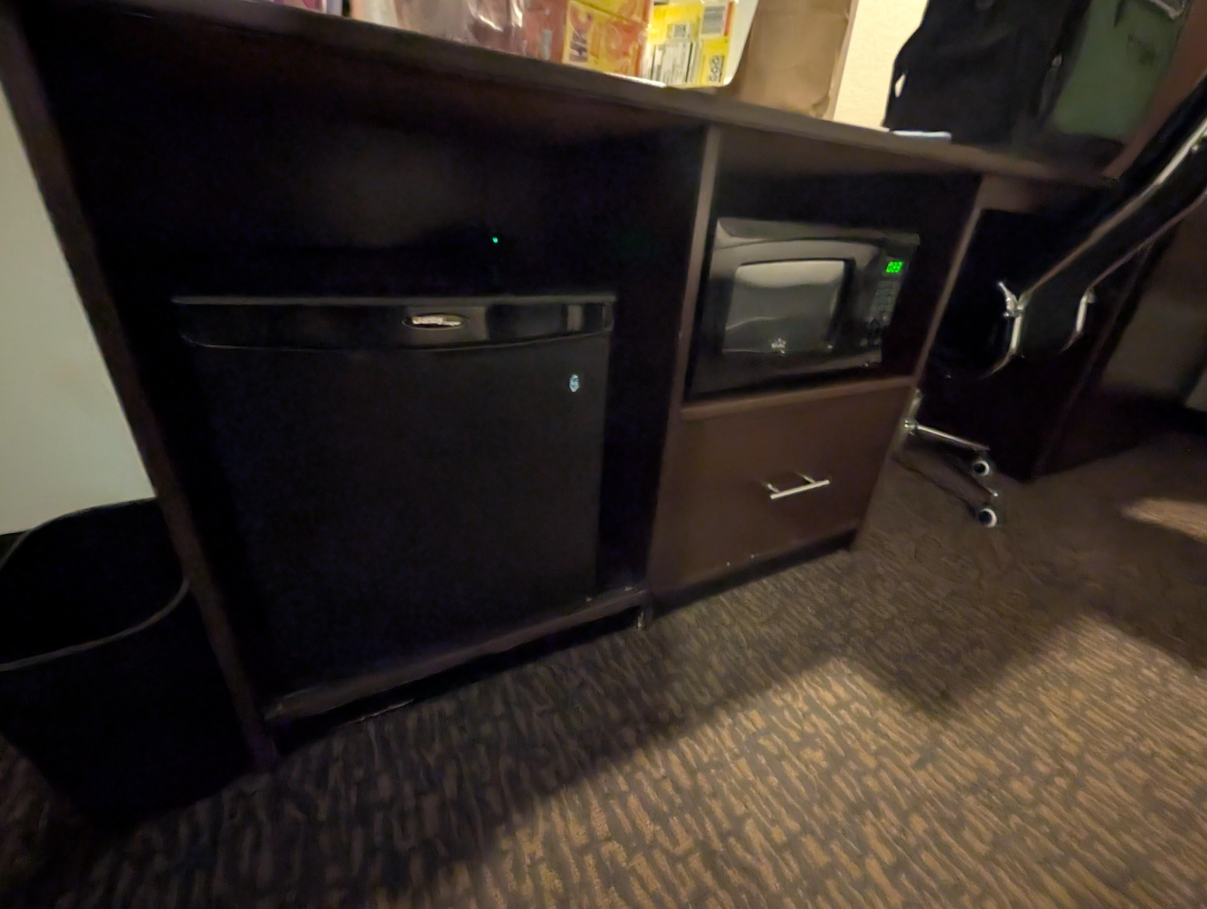 Fridge & microwave under desk, one drawer