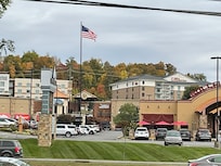 View across the road from in front of lobby .