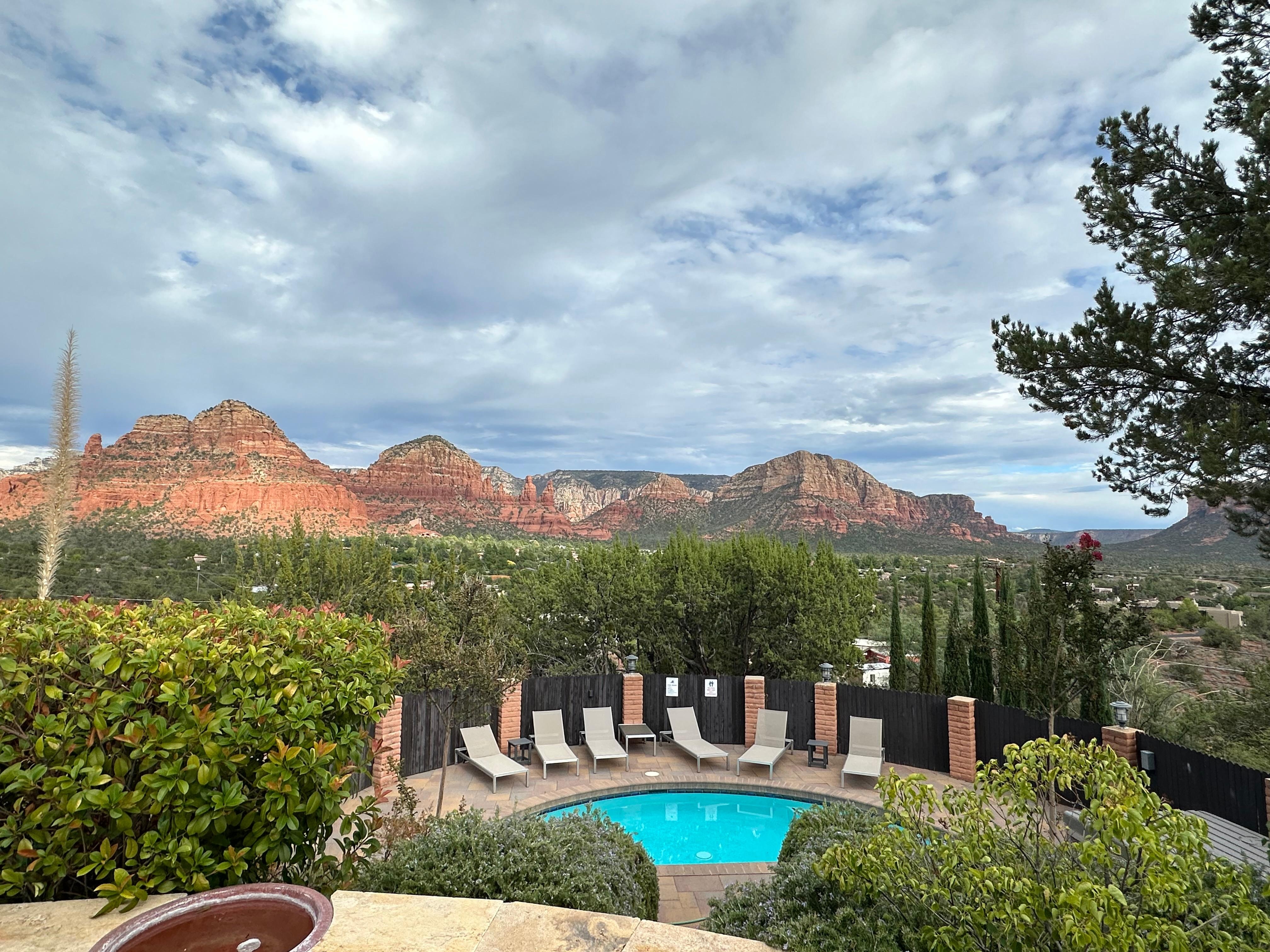 View of the pool and outdoor space.