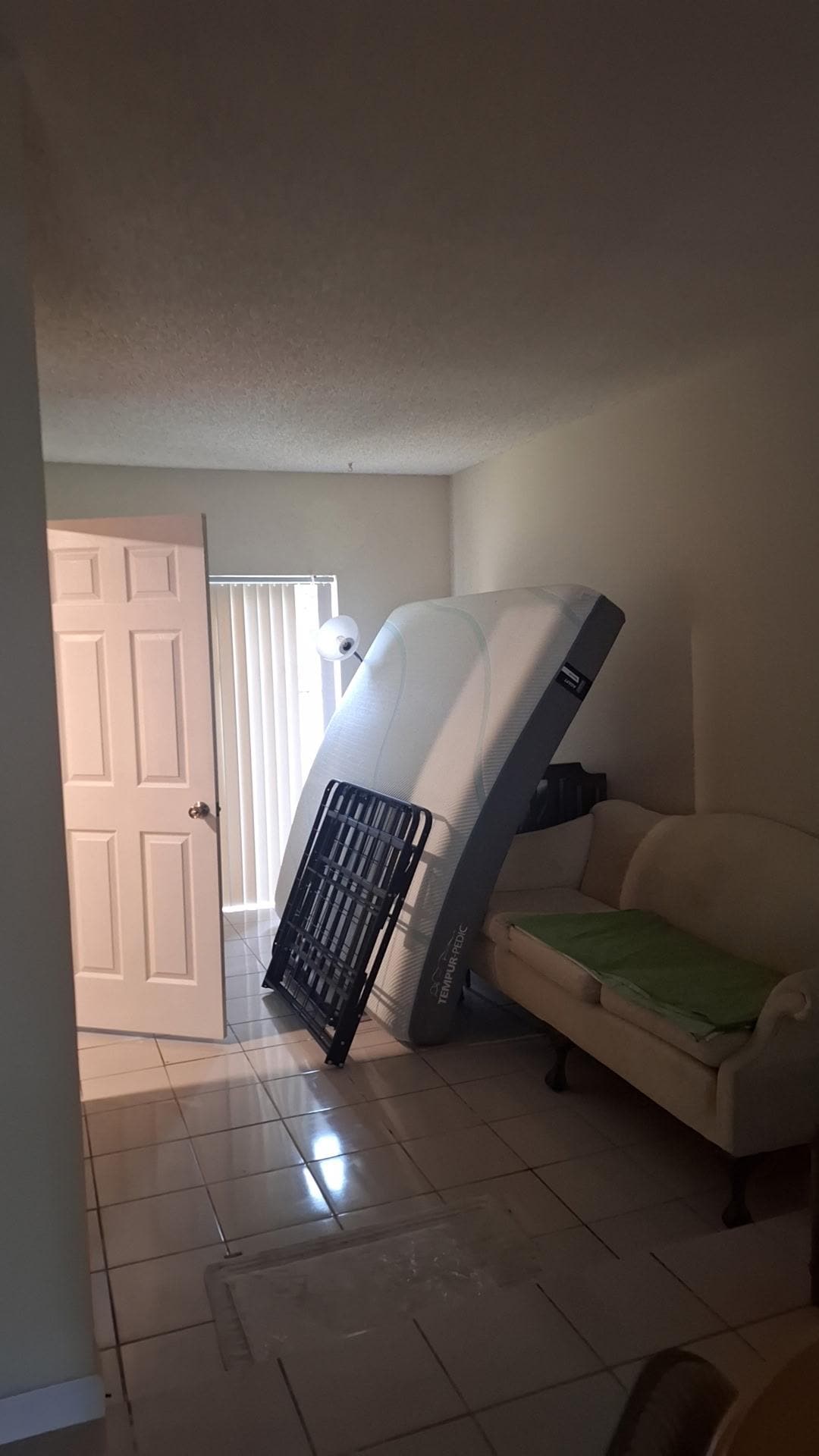 Dirty and stained mattress propped up against a extremely stained couch. 