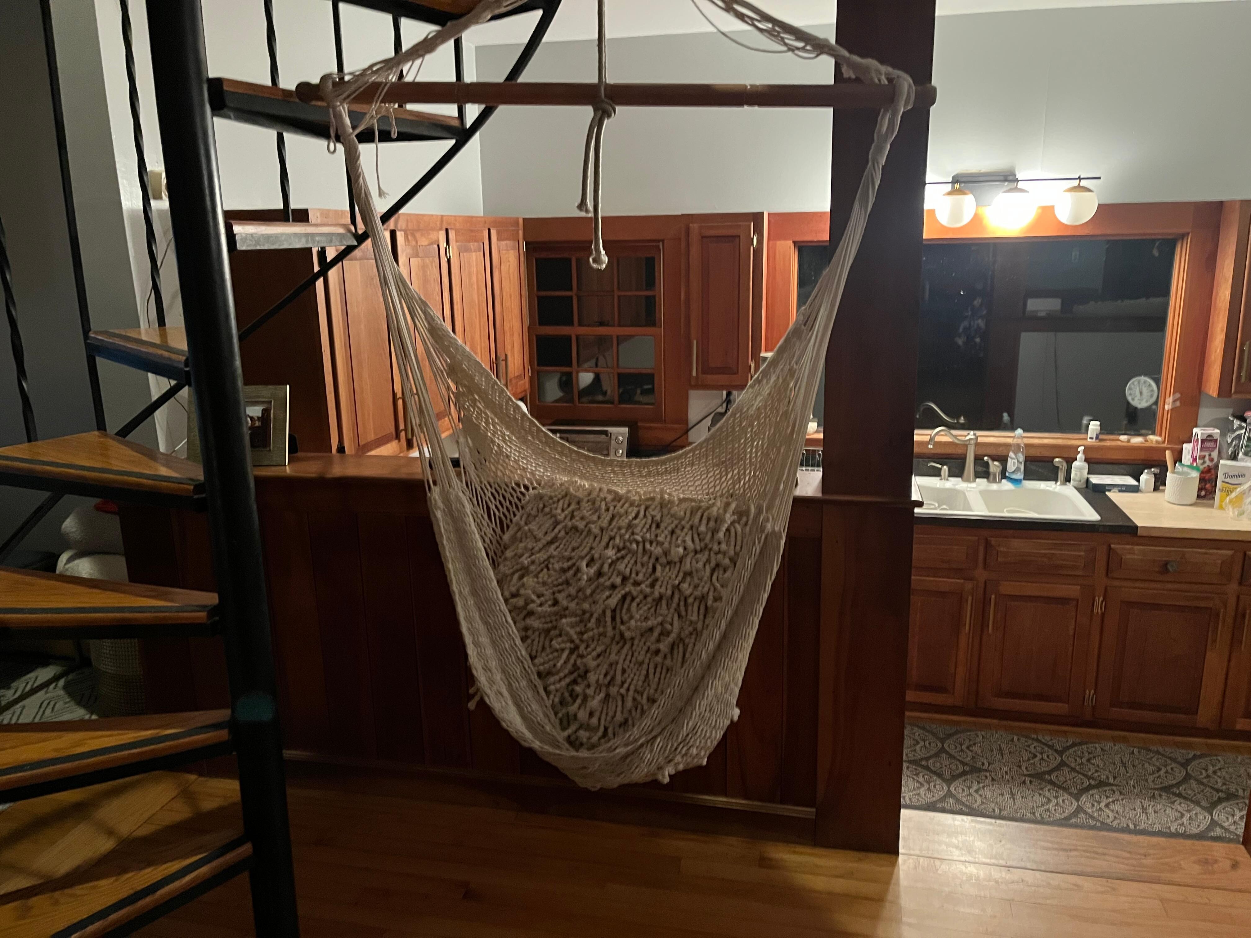 This shows a hanging chair in the living room in front of the kitchen.