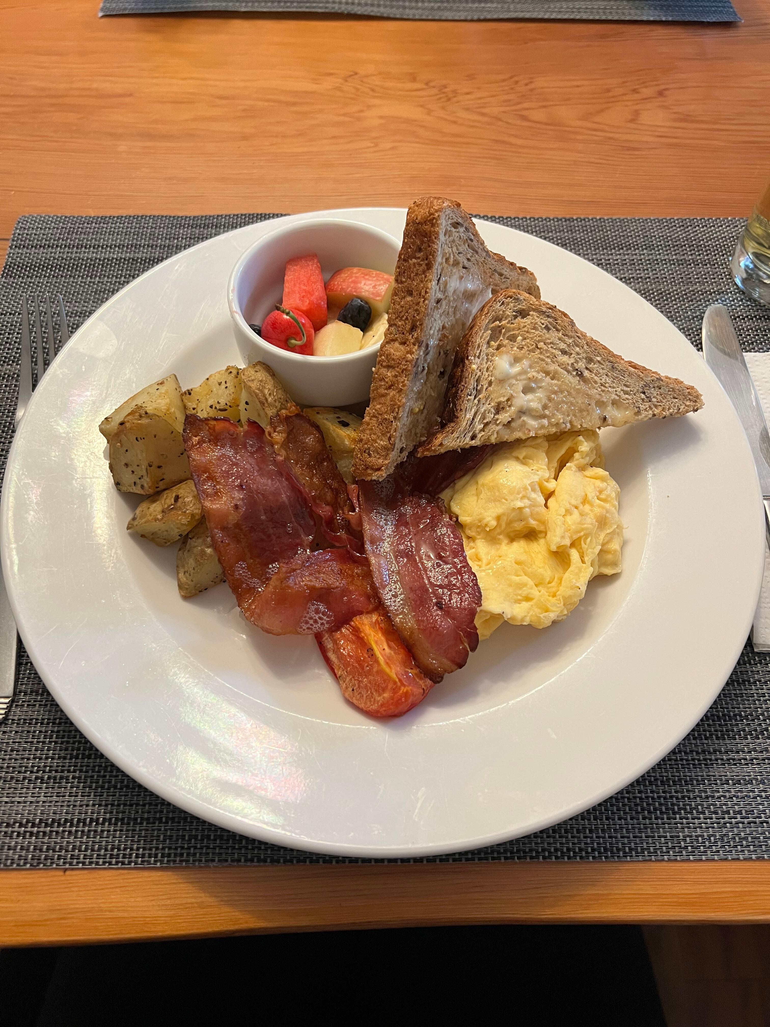 The breakfast! Delicious! Hot and ready to go! 10/10. The cherries were from a tree on the property.