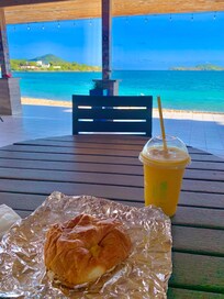 Breakfast view every morning! Great Sausage, Egg and Cheese Croissant and Smoothies