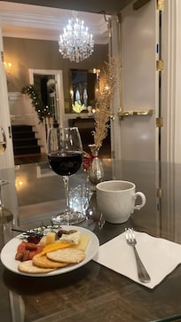 Complimentary charcuterie and wine including hot spiced rum!