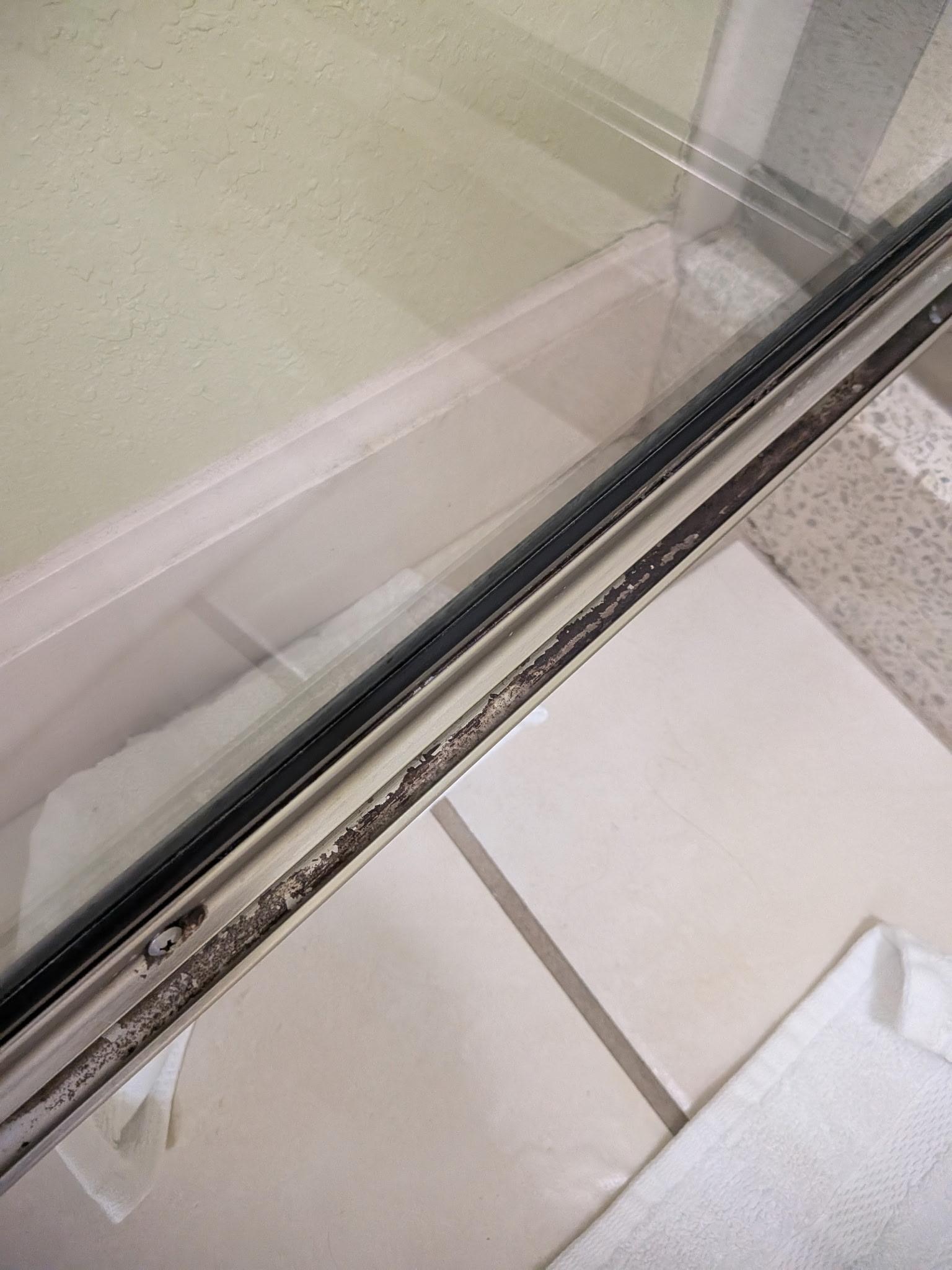 Mold around edges and door of shower