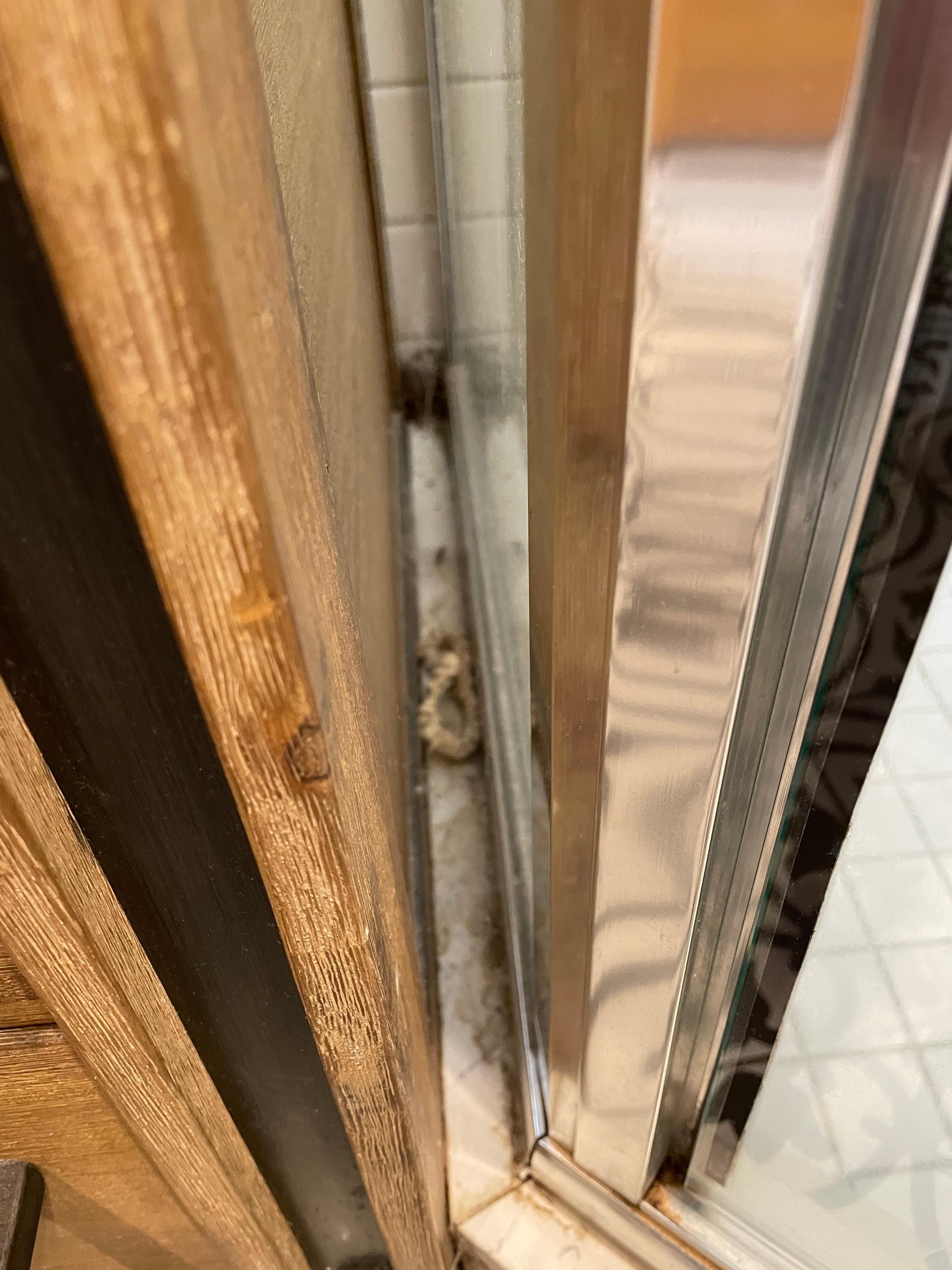 Debris and cobwebs between shower stall and counter 