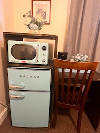 Cute retro style microwave and fridge.