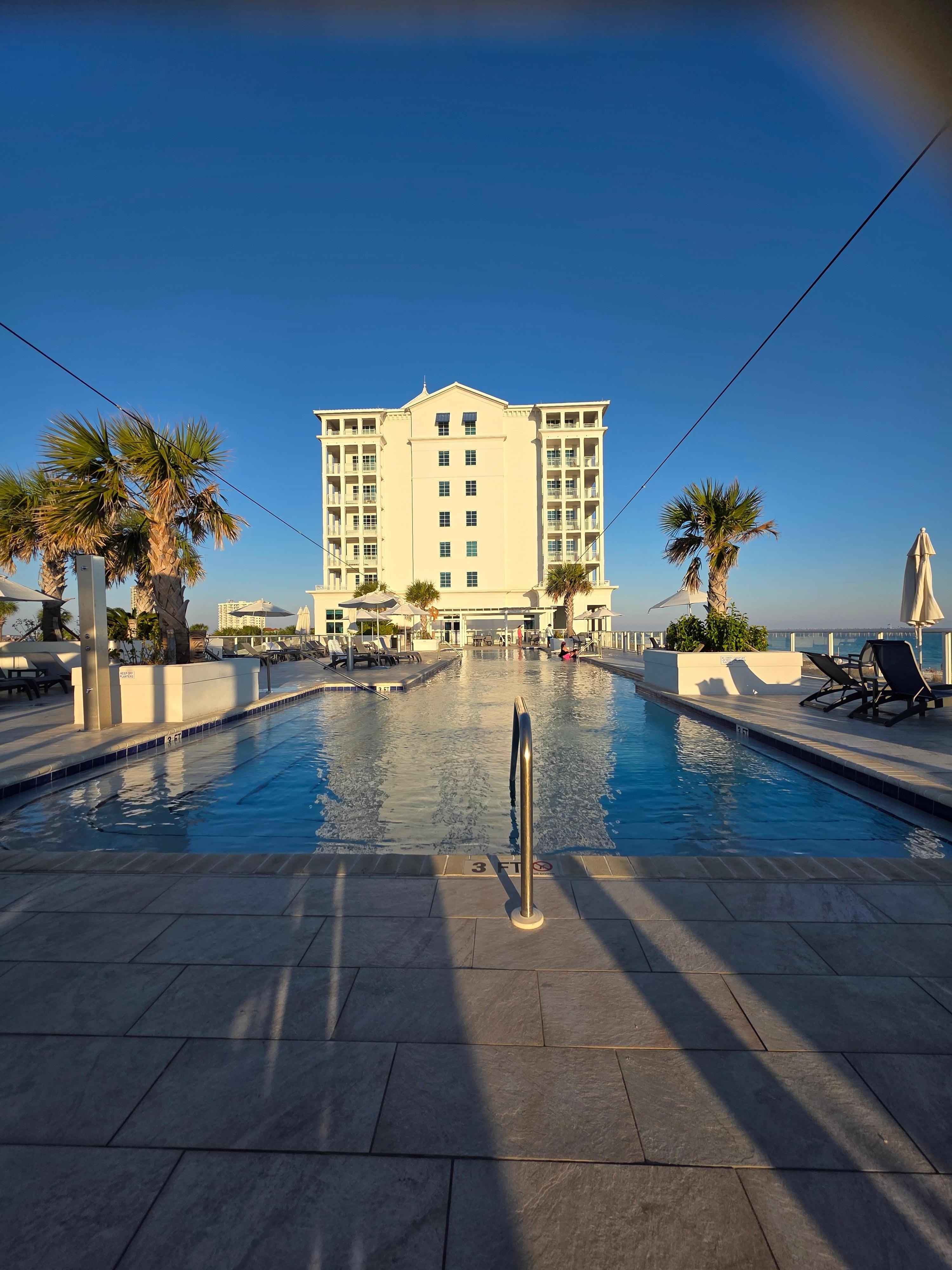 Pool view looking back at hotel