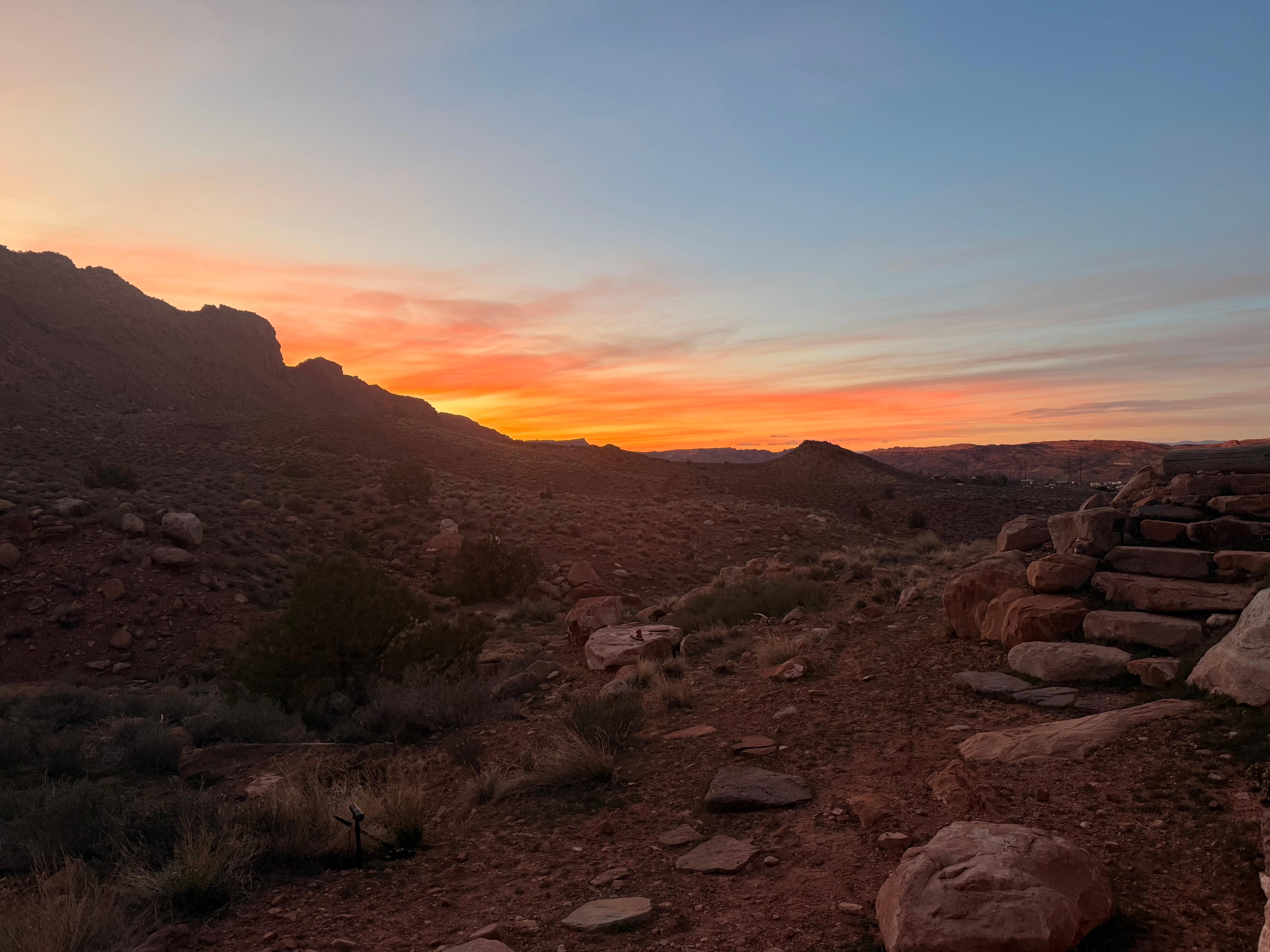 Sunset in March, taken from the unit’s porch. The stone steps down to the unit are on the right. 