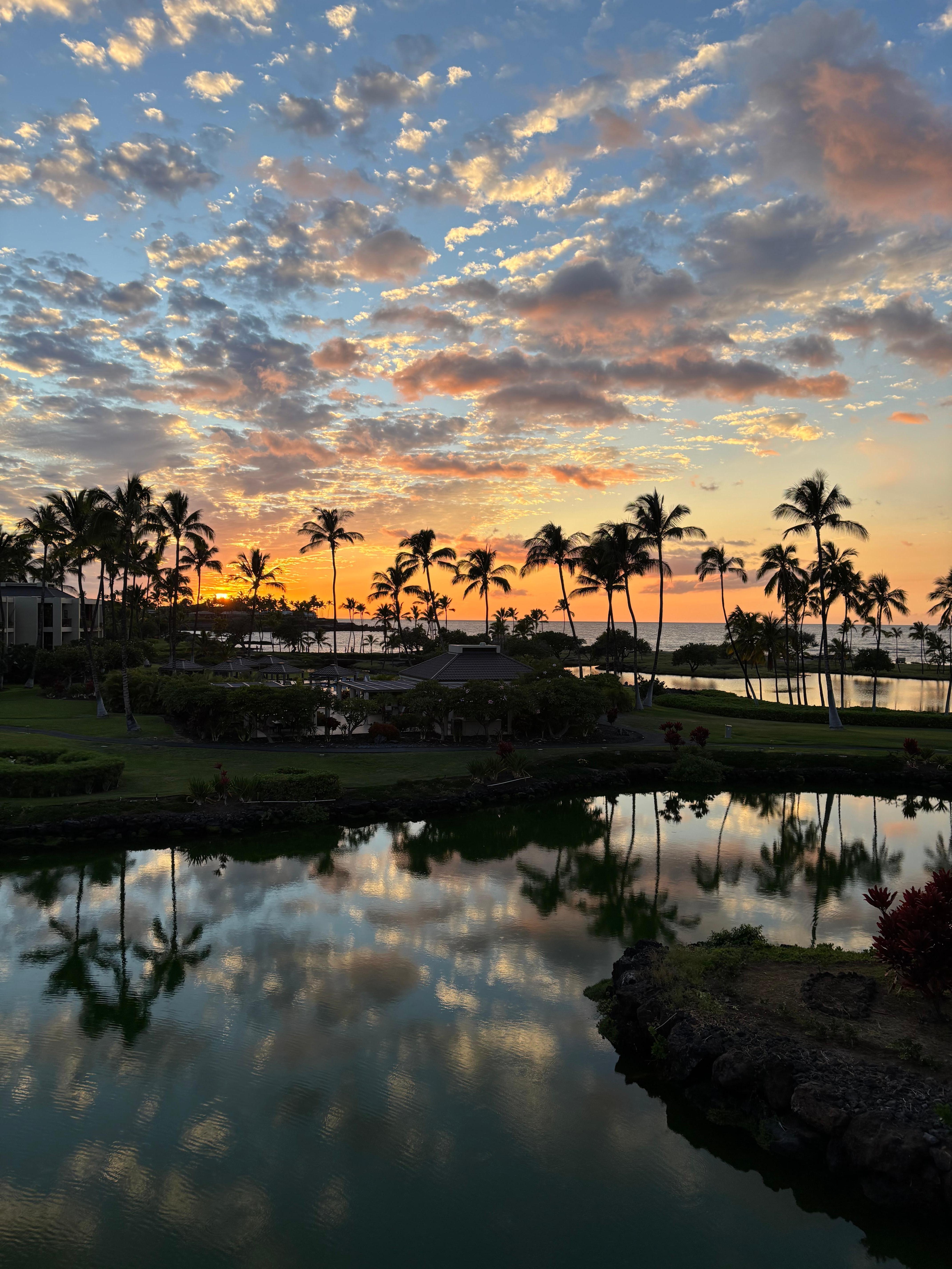 Sunset view from the deck of a top floor condo at Mauna Lani Terraces.