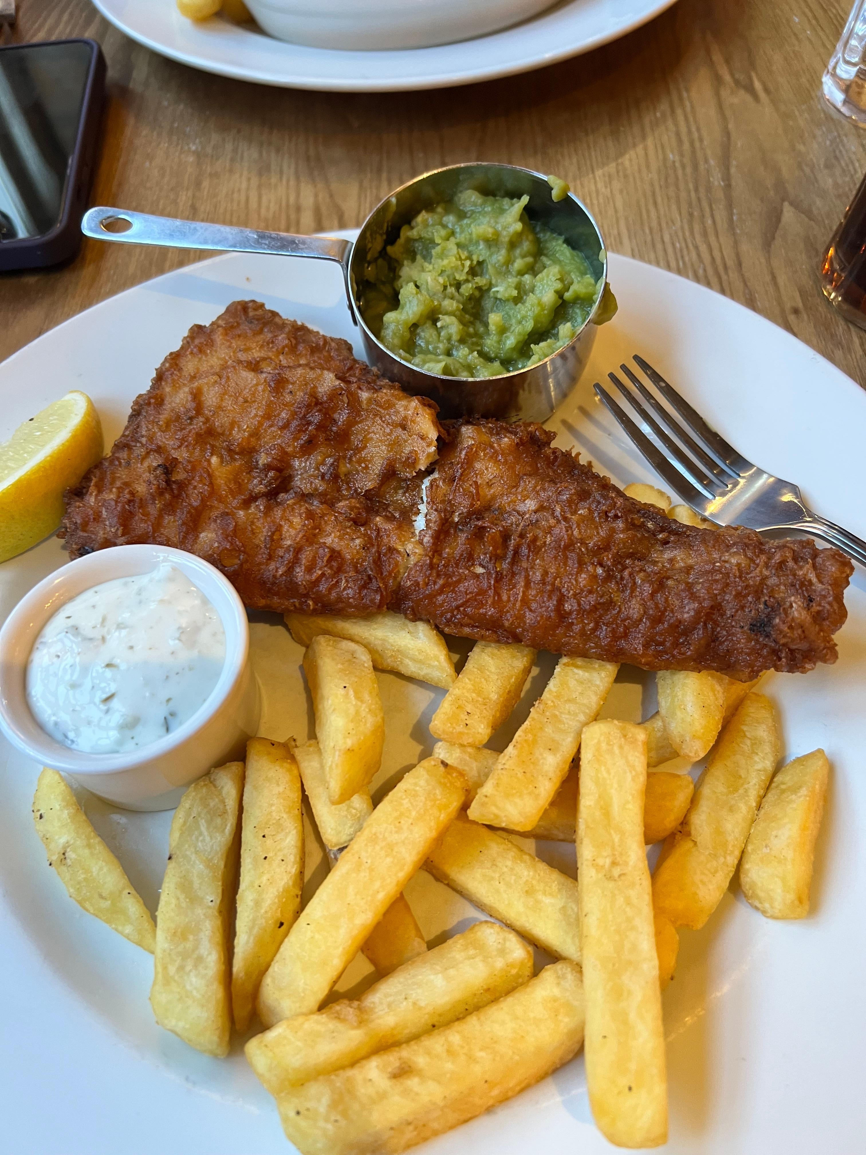 Fish & chips with mushy peas. Yummy!