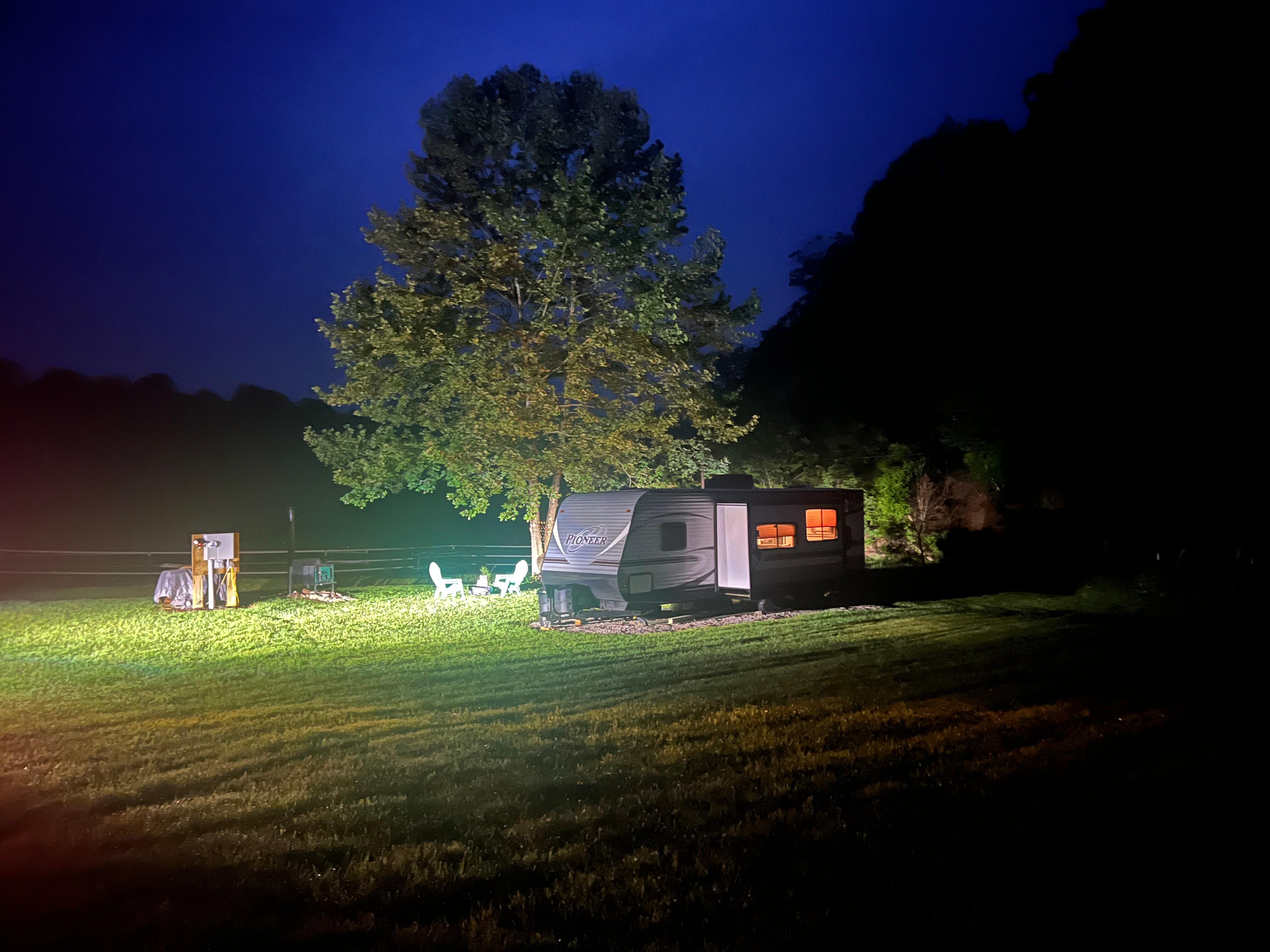 View of camper at night