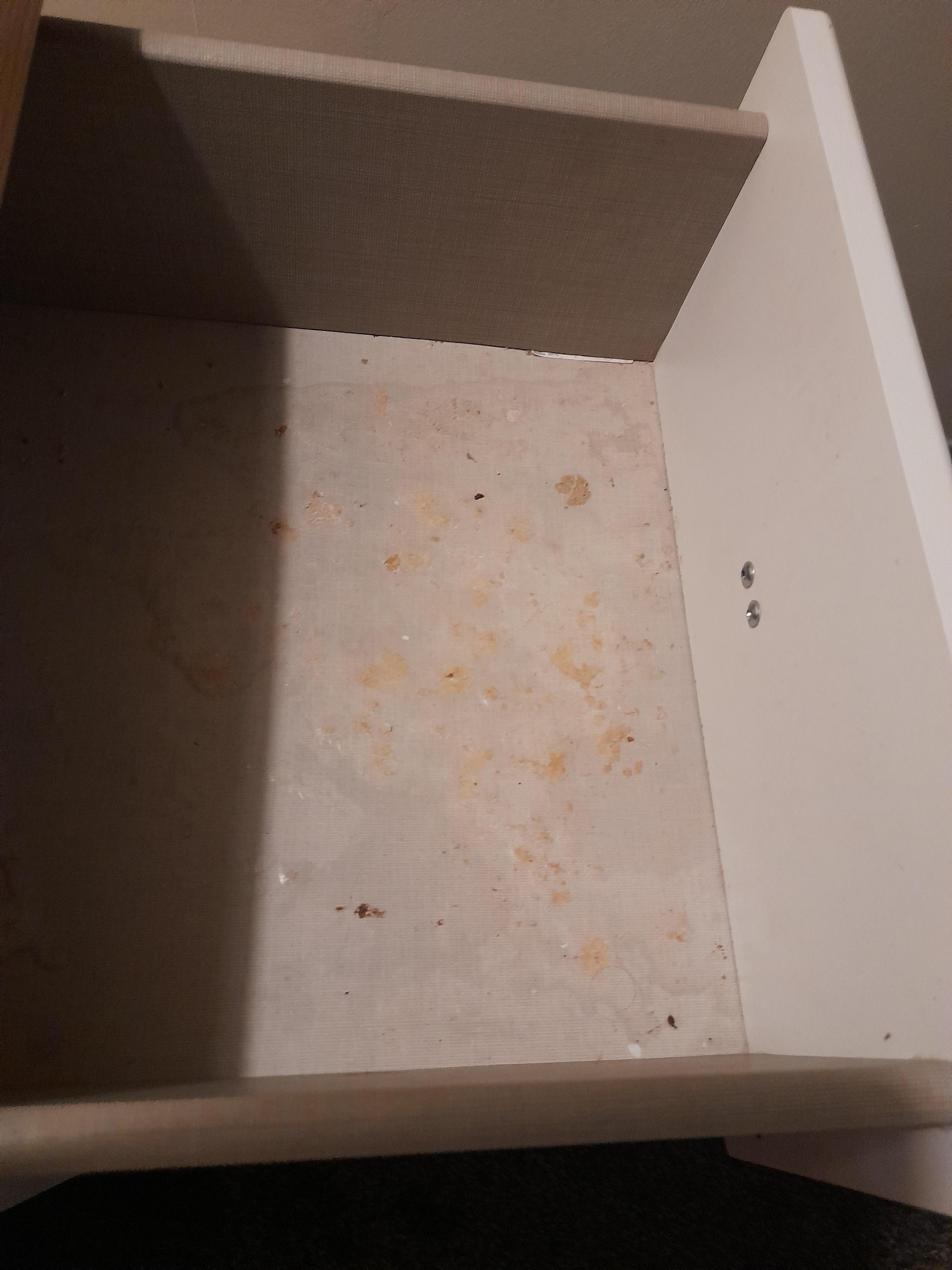 Looks like someone had been sick in the drawer by bed