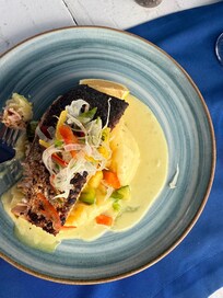 Food from Flying Fishbone restaurant in town