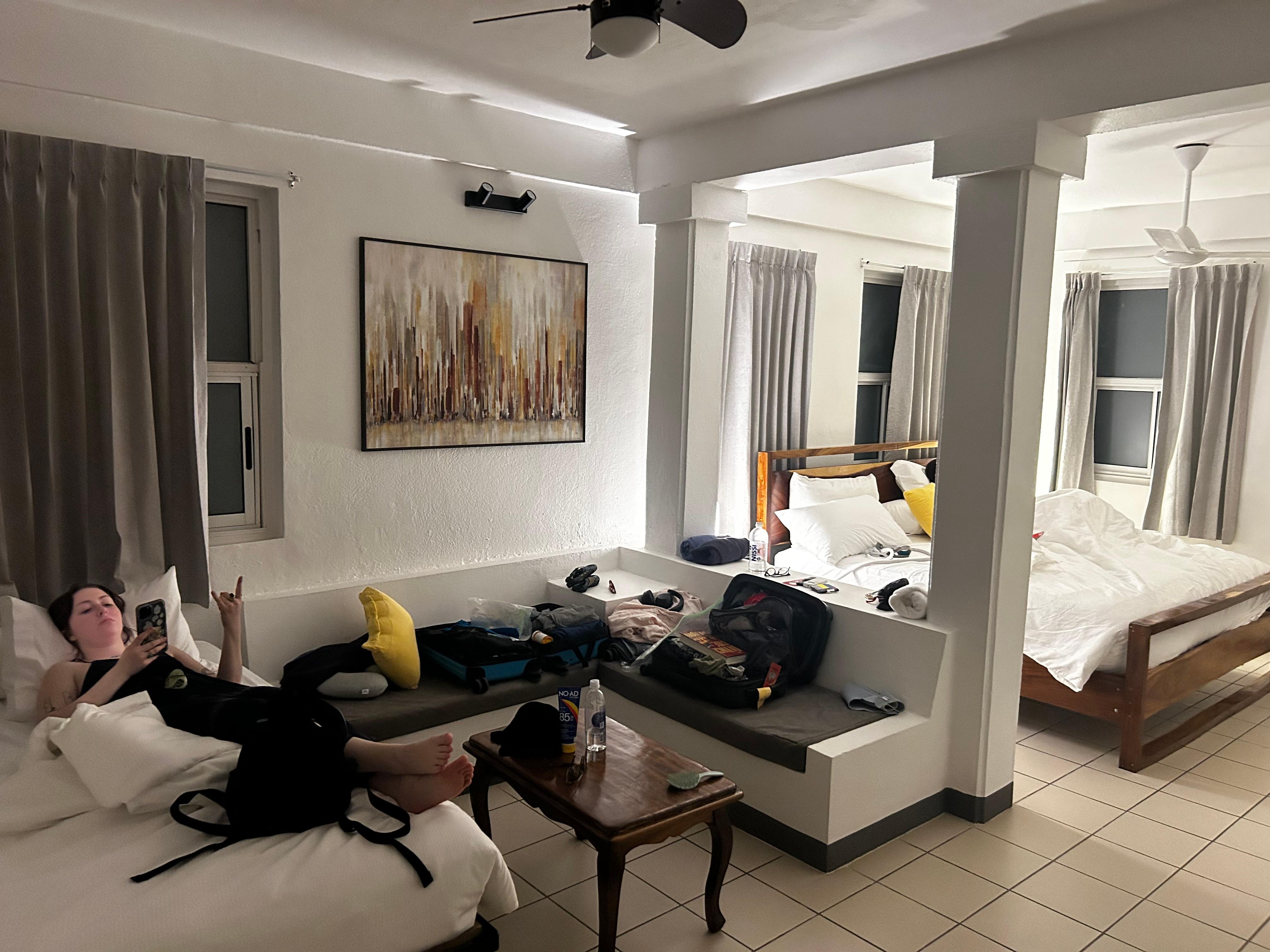 Room 201. Spacious! Good A/C. Very firm beds.