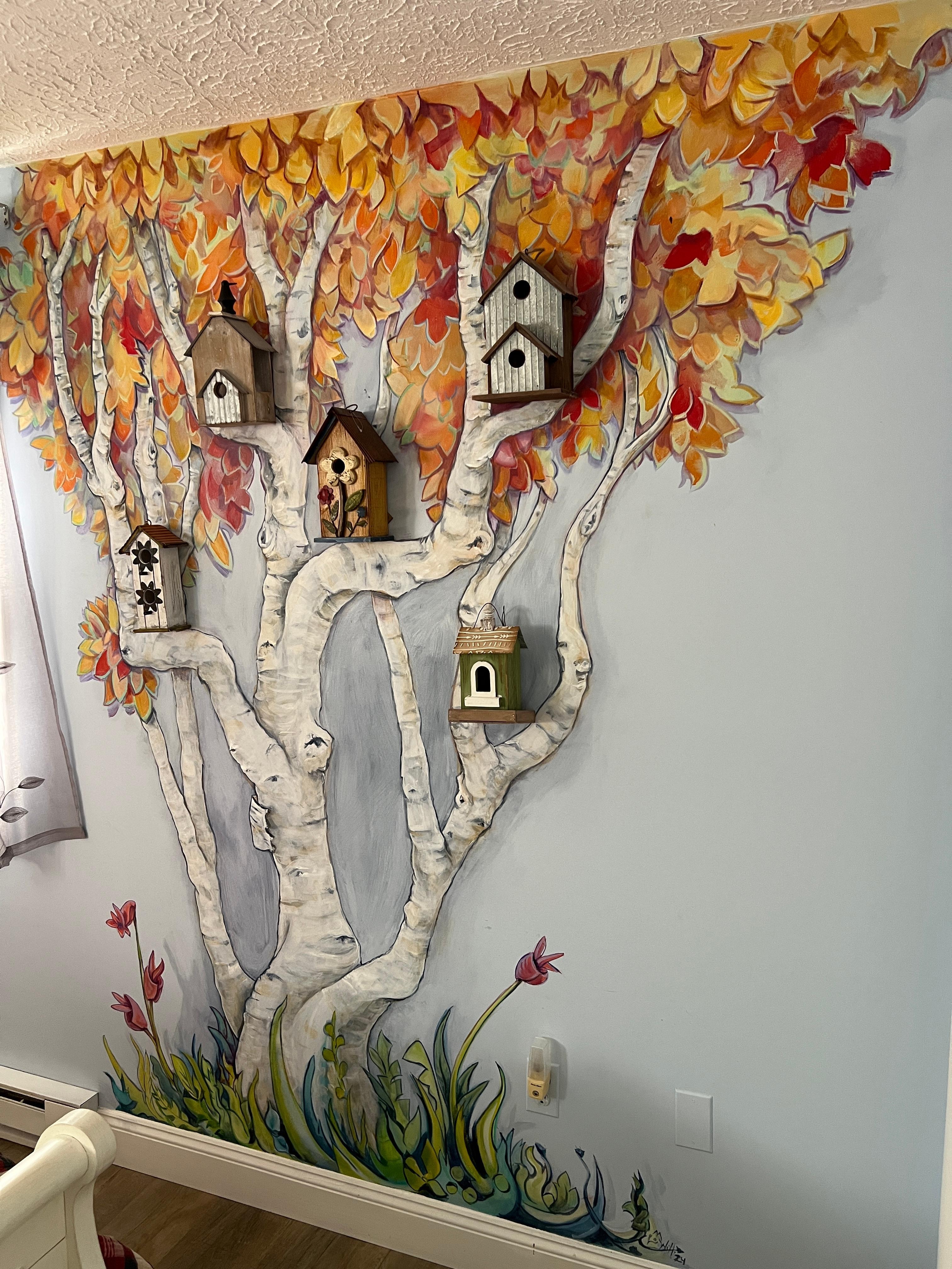 My favorite decoration, the birdhouse tree in the master bedroom 