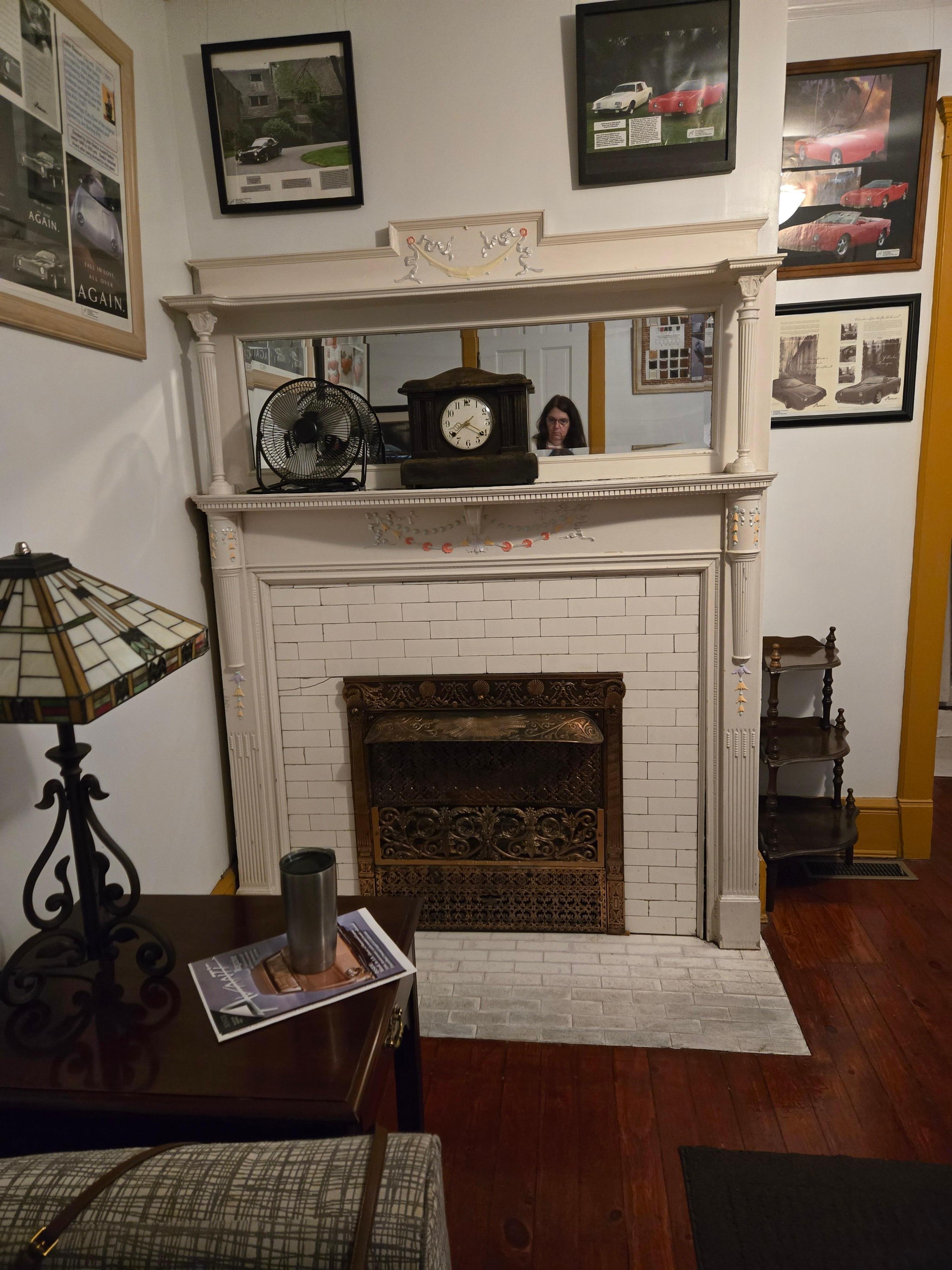 The fireplace in room 18.