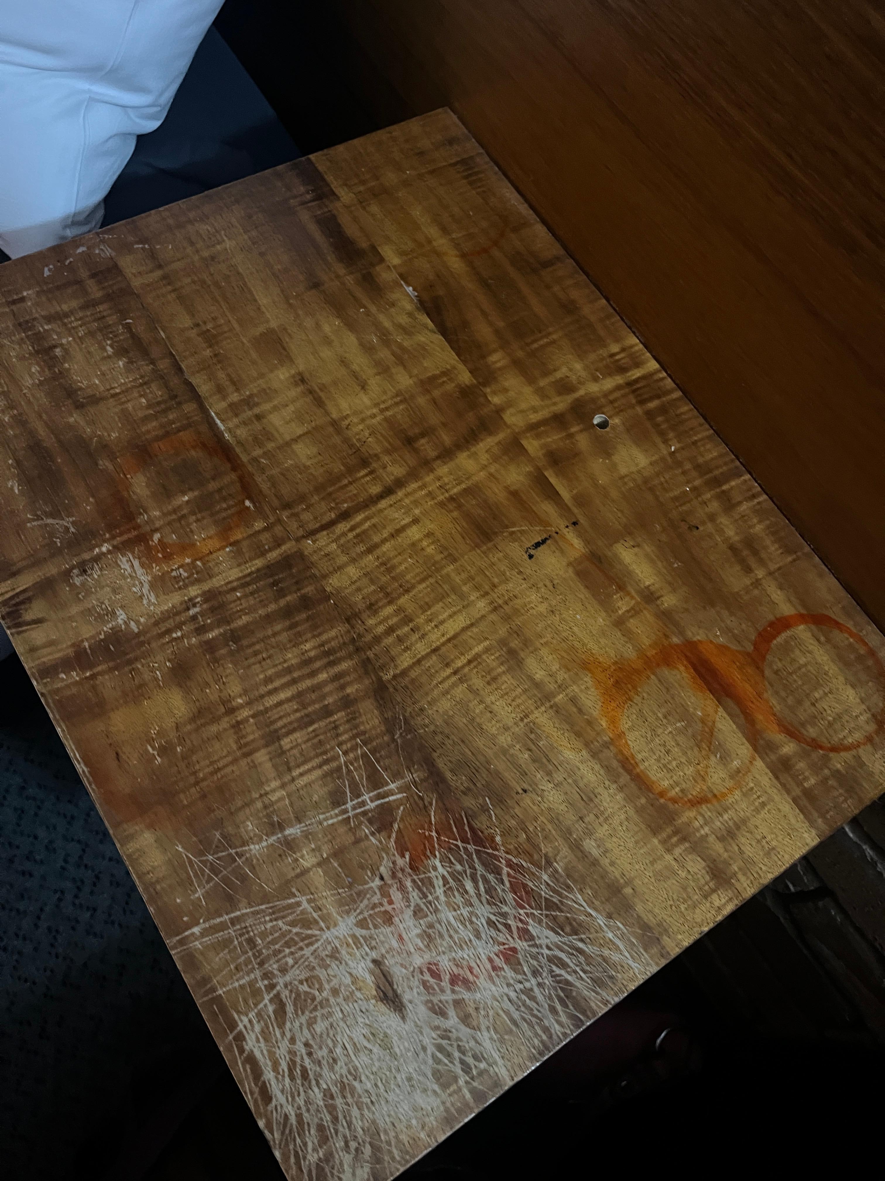 Bedside table badly scratched and stained