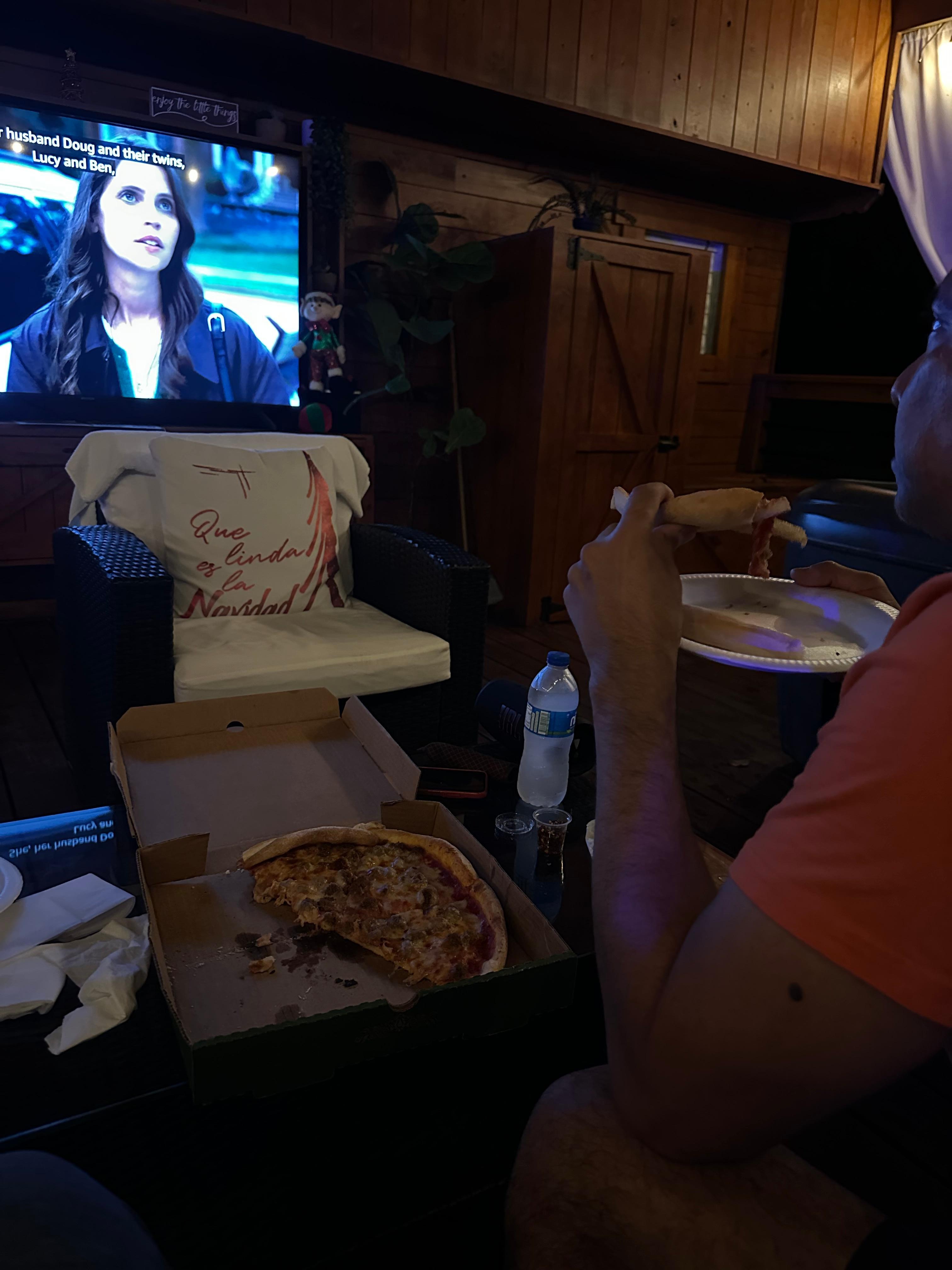 Late night dinner on patio watching a movie after being in the jacuzzi.  