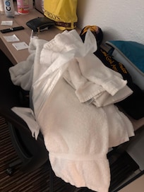 They left a pile of towels and garnage bags on my personal property instead of changing out the trash and replacing the old towels. What hotel does that??? Isnt this the hospitality business?