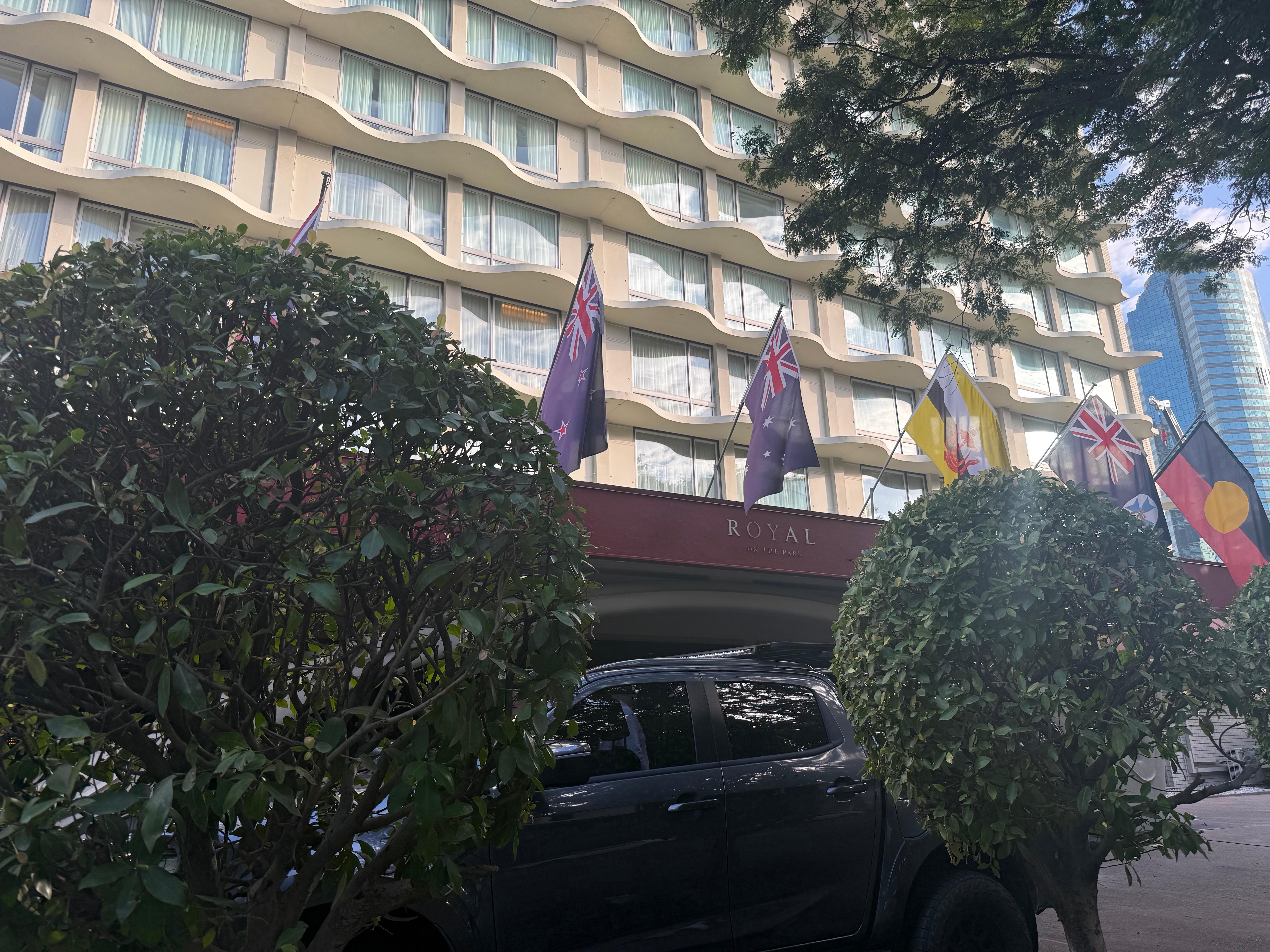 Outside of the hotel.