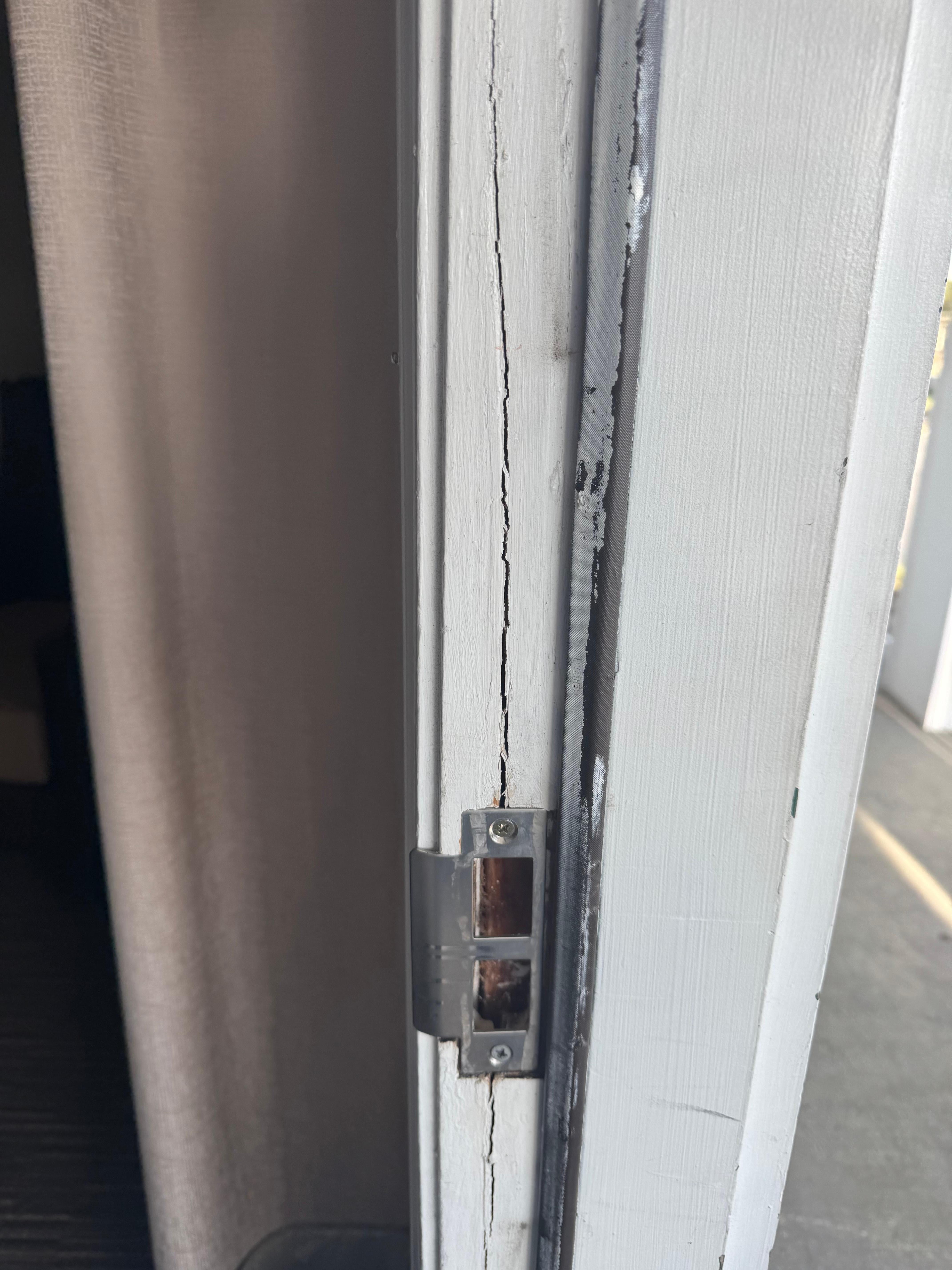 Appeared like door was forced and never fixed. 