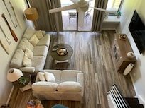 View of living room from double twin loft