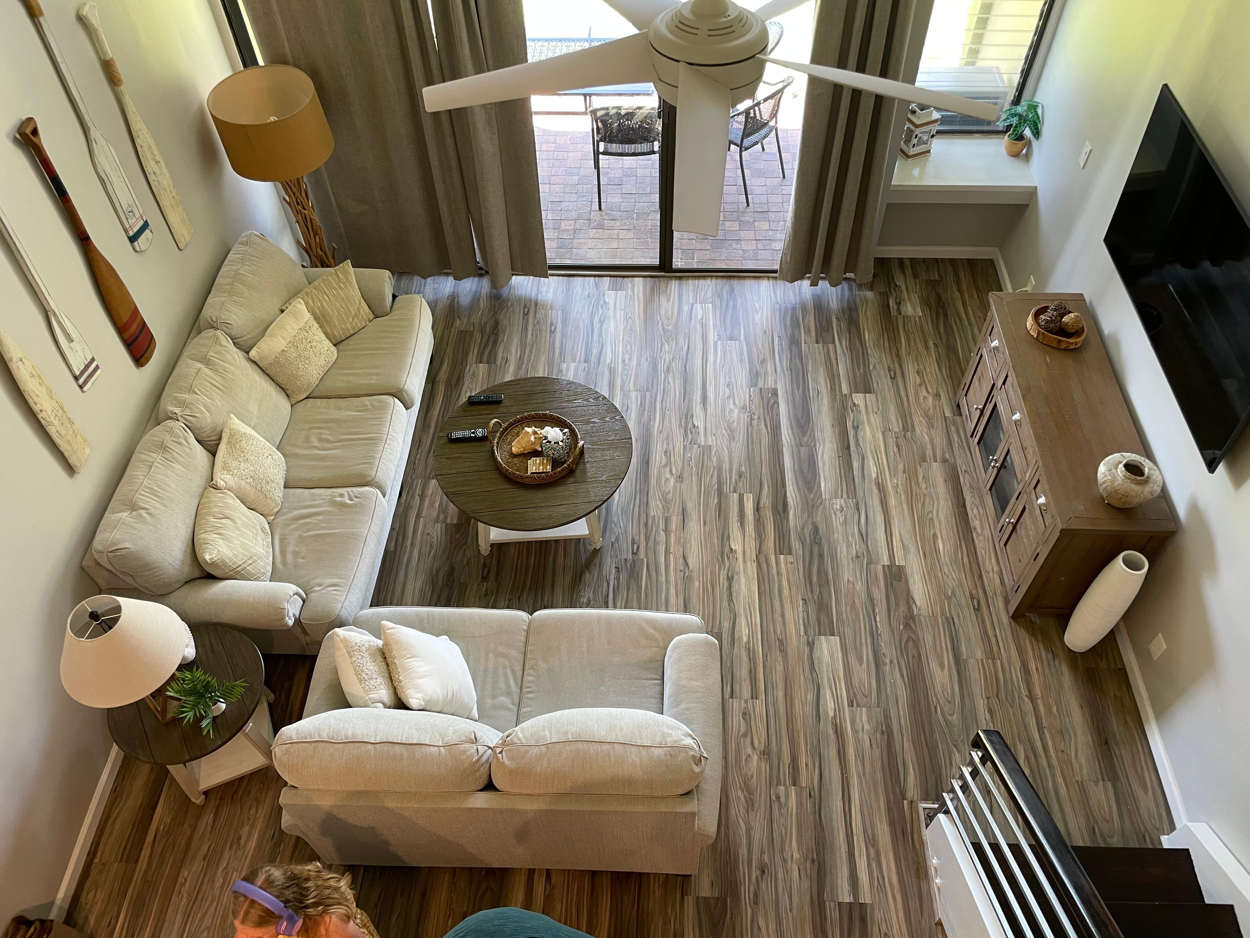 View of living room from double twin loft