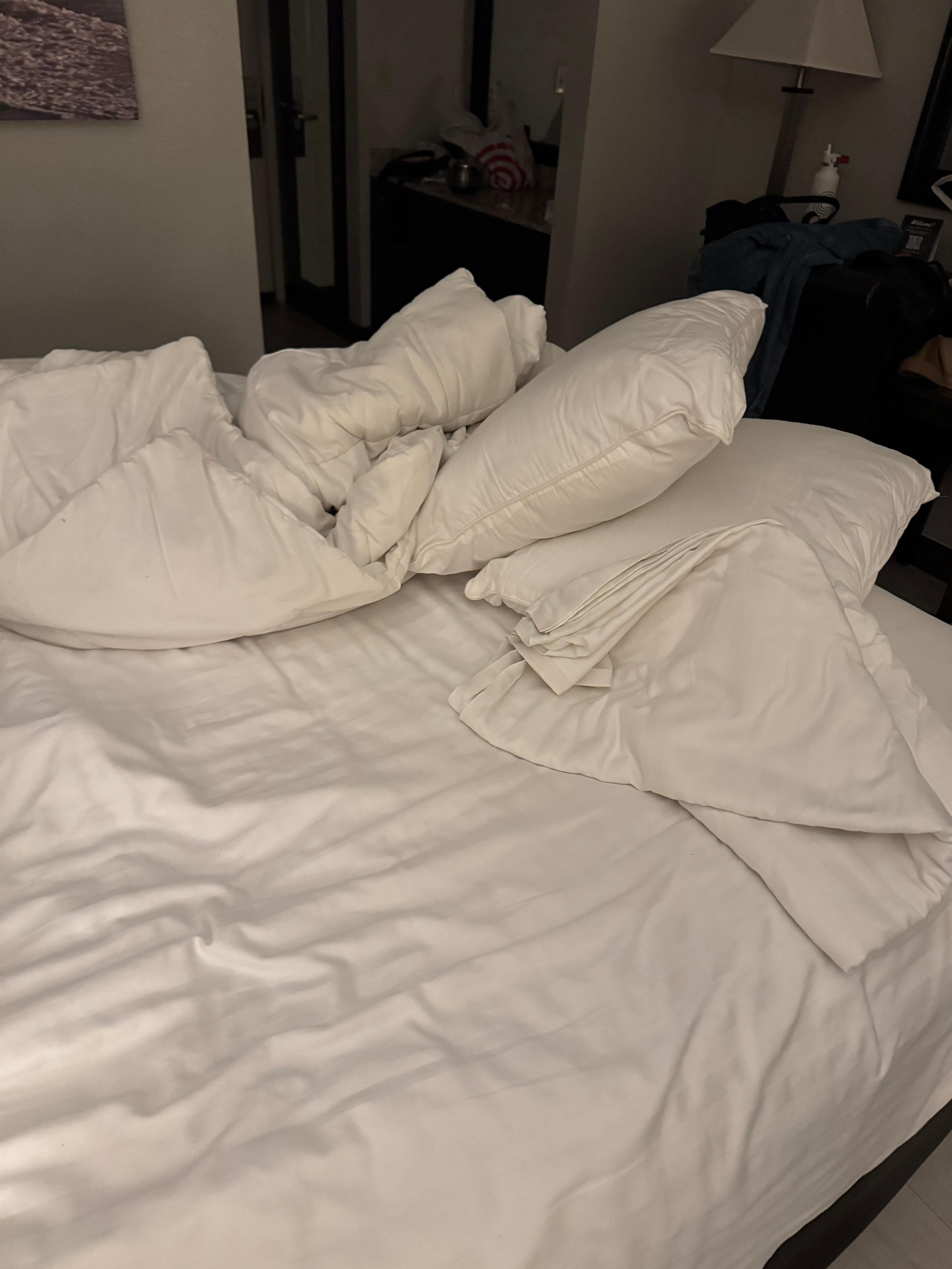 The "new" bed linen: no pillow cases, no quilt cover, no mattress protector.
