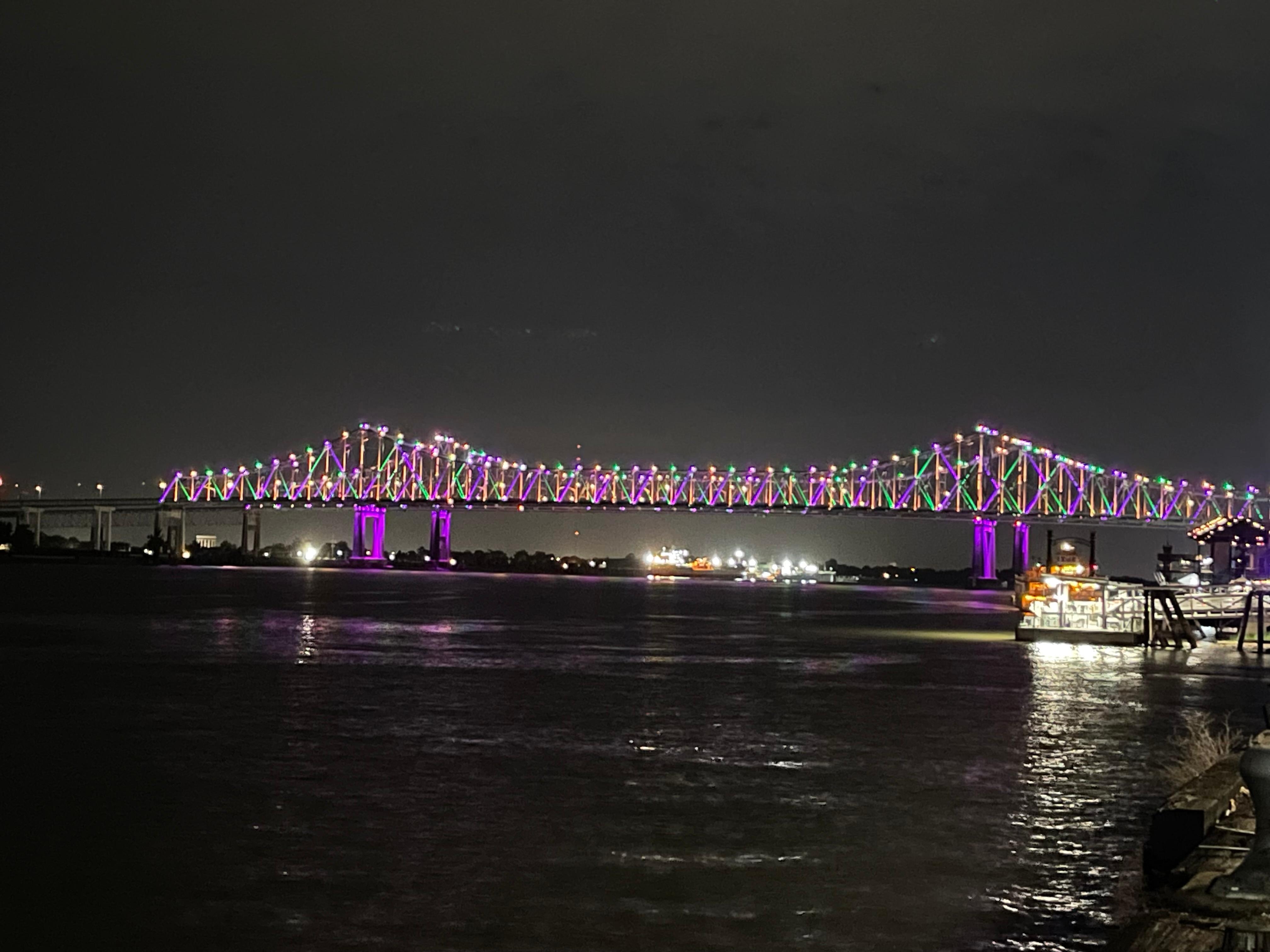 River and bridge at night