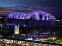beautiful view of the bridge from a great room location overlooking the river