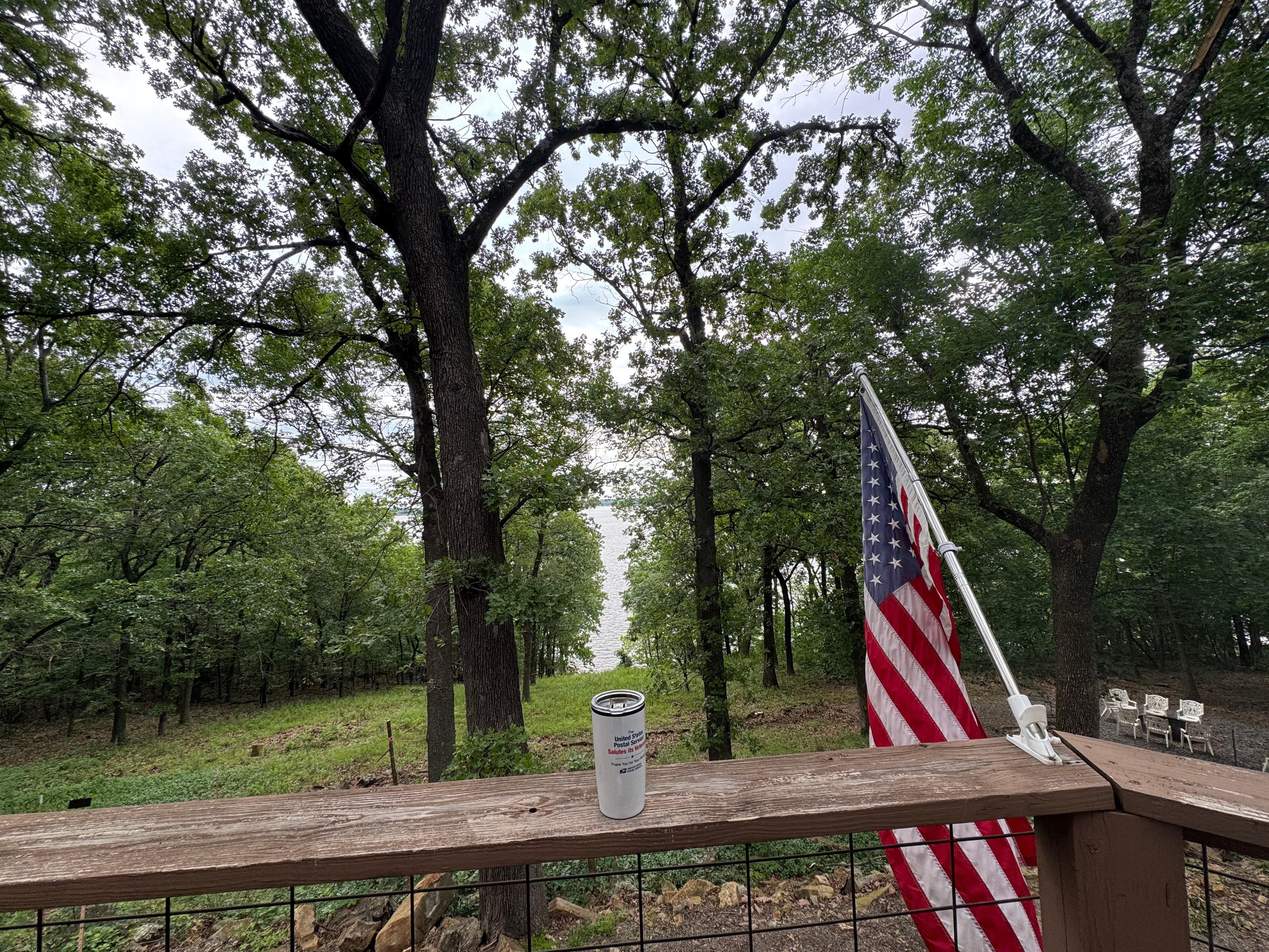View of the lake from the deck, often an eagle was perched on a limb overlooking the lake. 